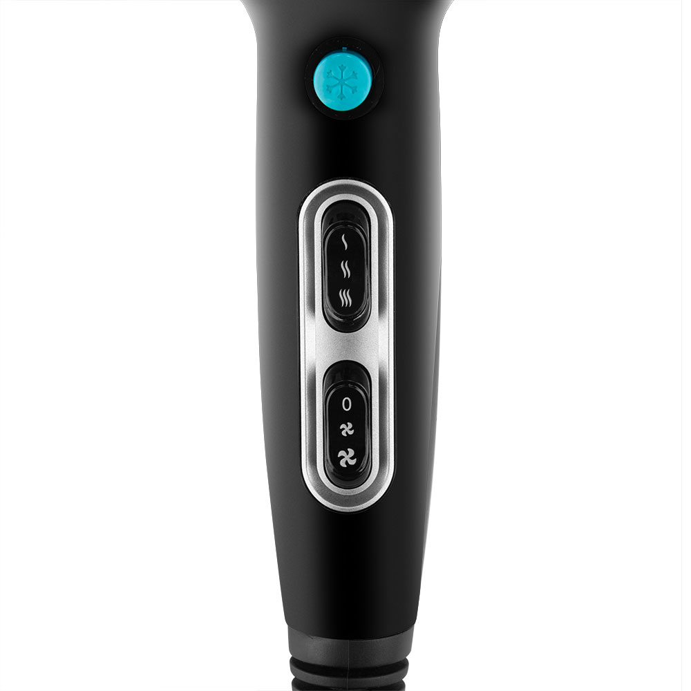 Czarny uchwyt z przyciskami do suszarki do włosów. Przyciski obejmują płatek śniegu i dwa ustawienia ciepła.