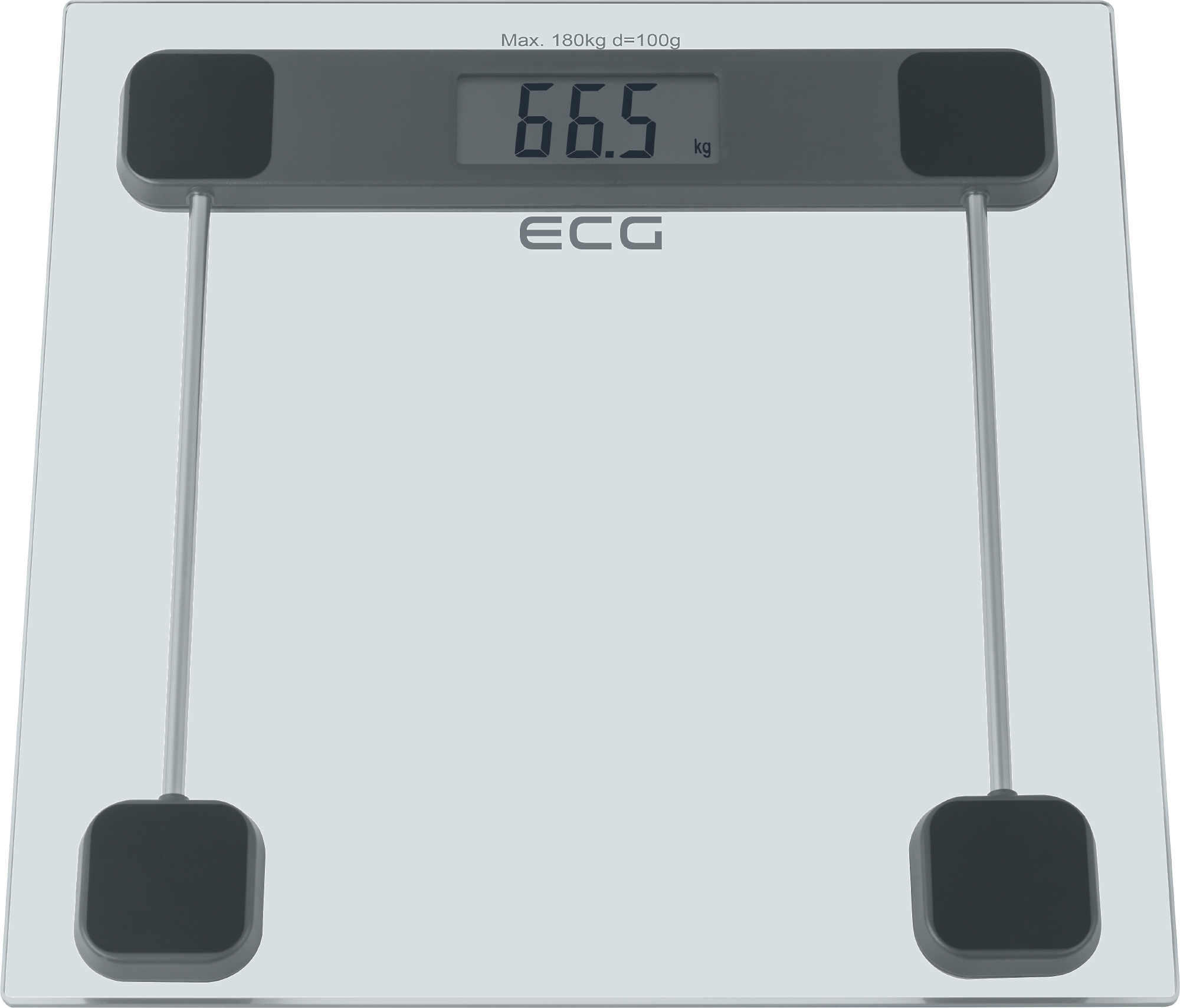 Digitale Waage mit 66,5 kg und dem ECG-Logo. Es ist eine Glaswaage mit schwarzen Pads.