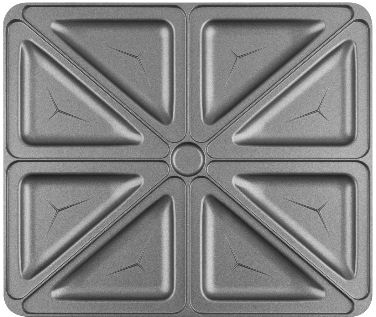 Sandwich maker with four triangular sections. The surface is non-stick and gray.