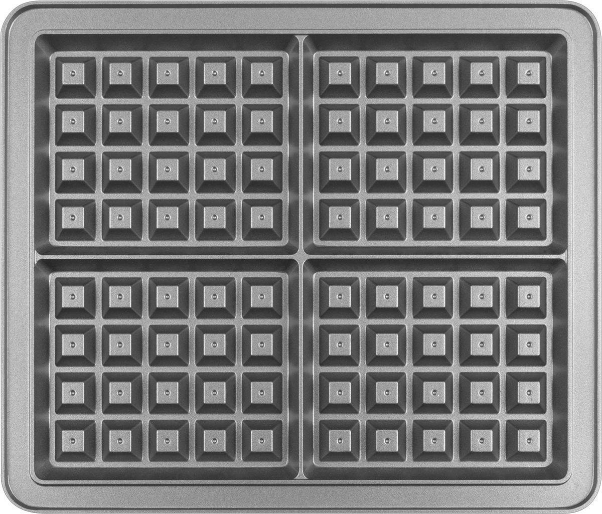 Metal waffle maker grid, with square indentations. Isolated on white background.