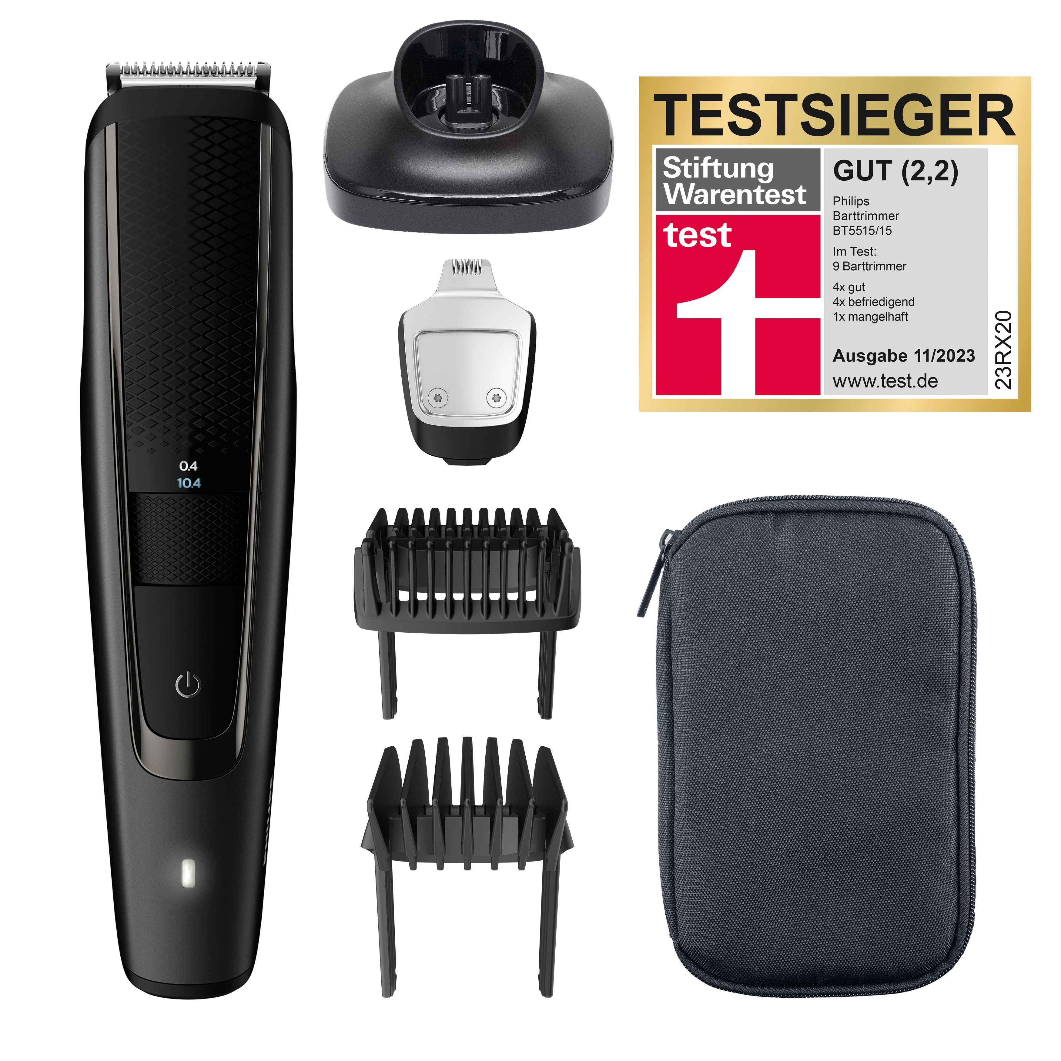 Eine Auswahl an schwarzen Pflegegeräten, darunter ein Trimmer und Zubehör.