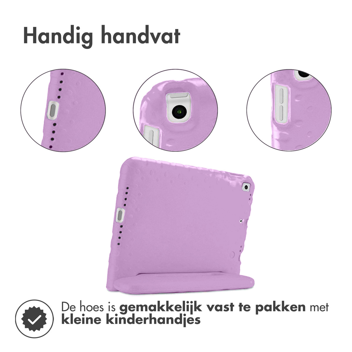 Purple tablet case with three close-up views and text on the easy-to-hold design.