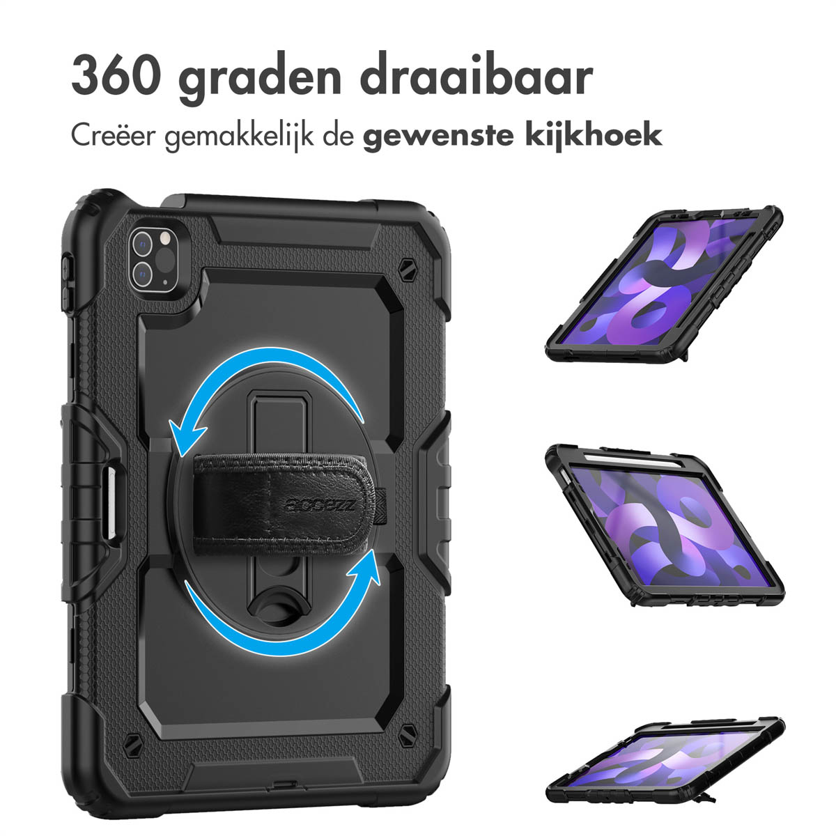 Étui de tablette noir avec dragonne et plusieurs angles de vue.