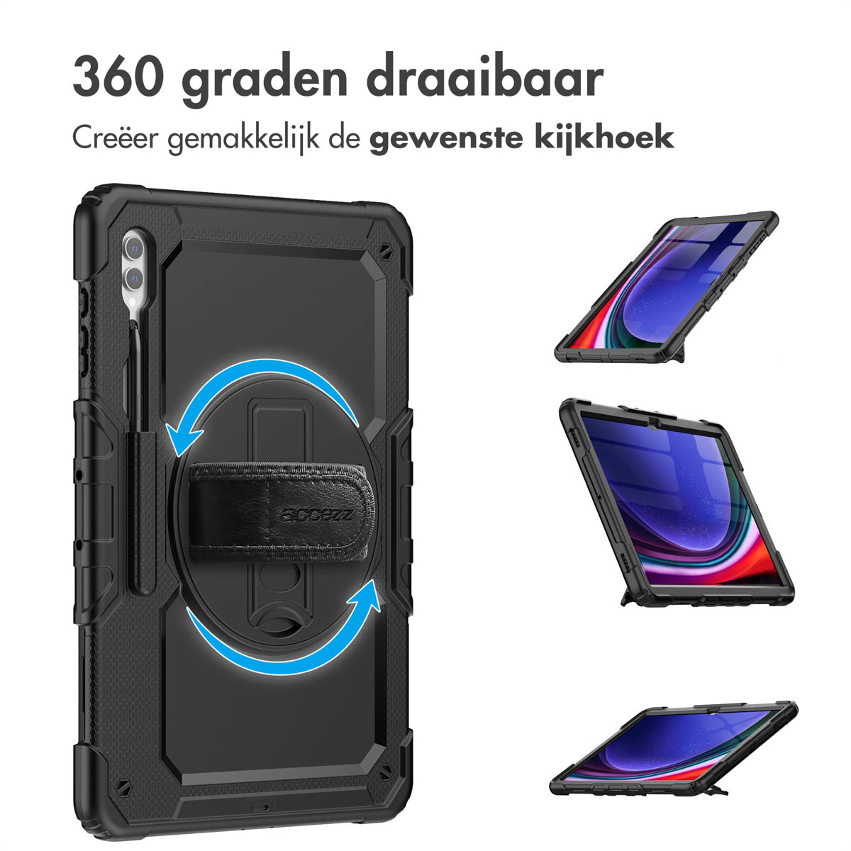 Black tablet case with a rotating function, and 3 different display angle views. White background.