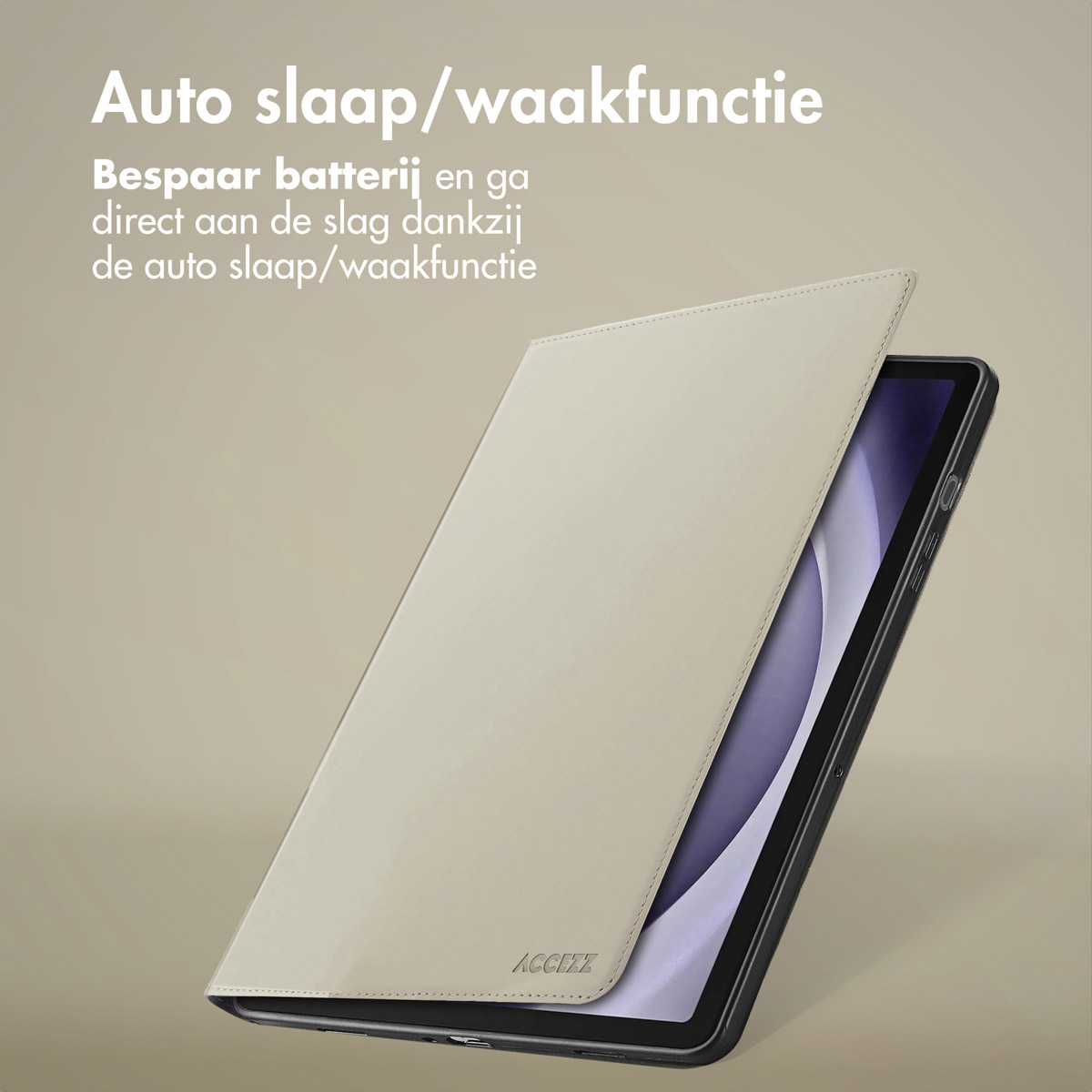 Tablet cover with auto sleep/wake. The cover is being opened, beige color.