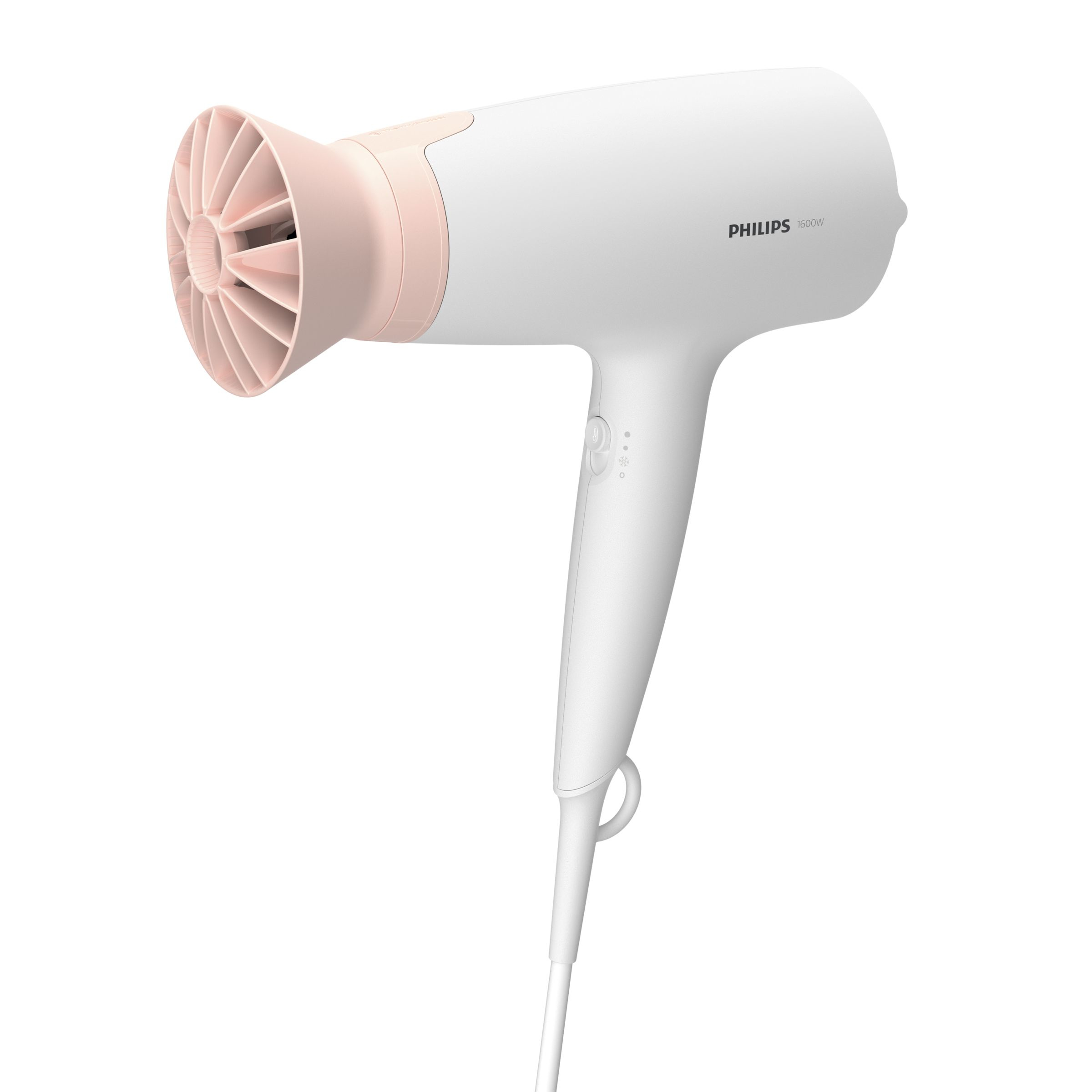 A white and pink Philips hair dryer on a white background. The dryer has a handle and a pink nozzle.