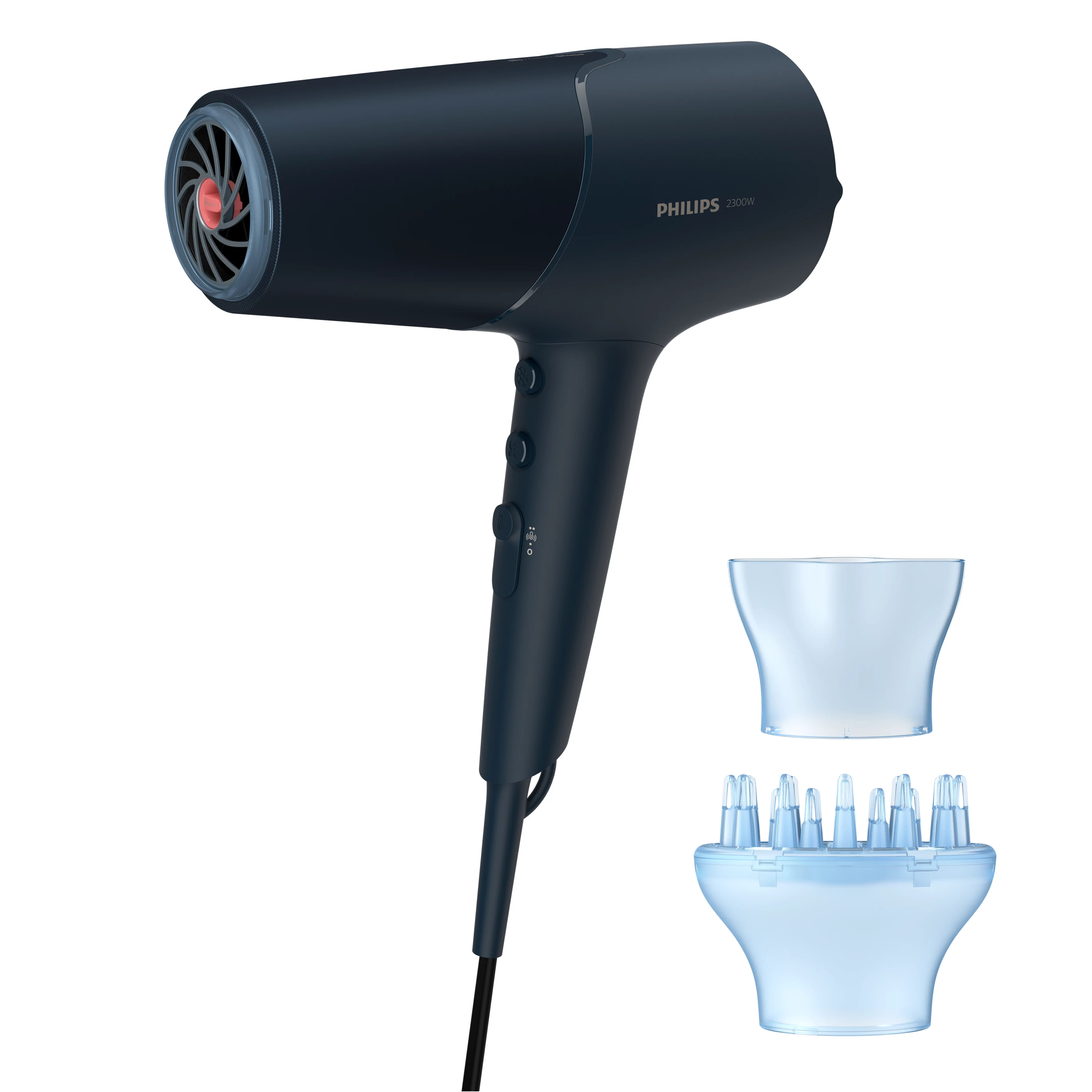 Een donkerblauwe Philips haardroger met twee opzetstukken, geïsoleerd op een witte achtergrond.