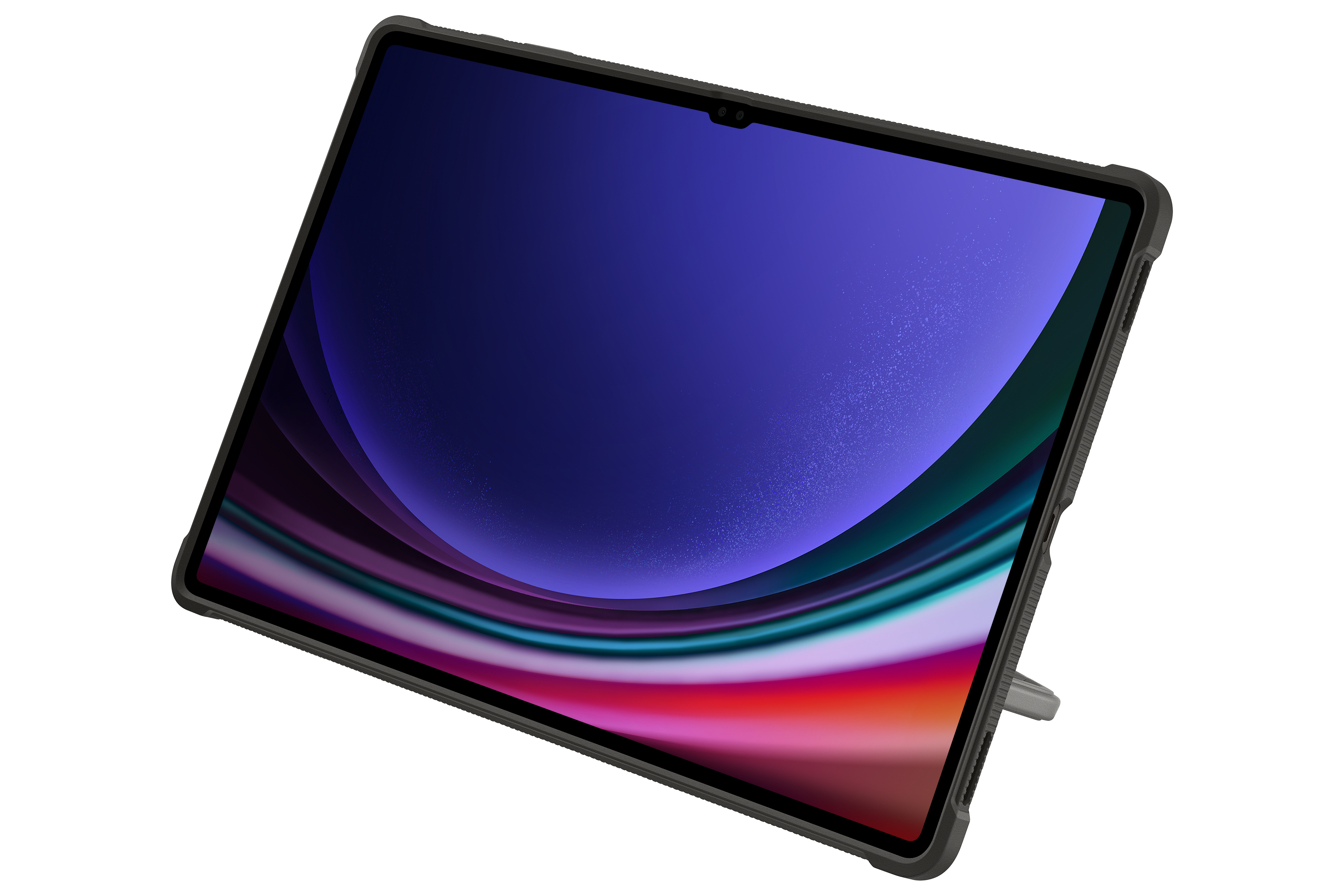 Tablet nero con schermo scuro, in custodia nera, con supporto. Lo schermo mostra un'immagine colorata.