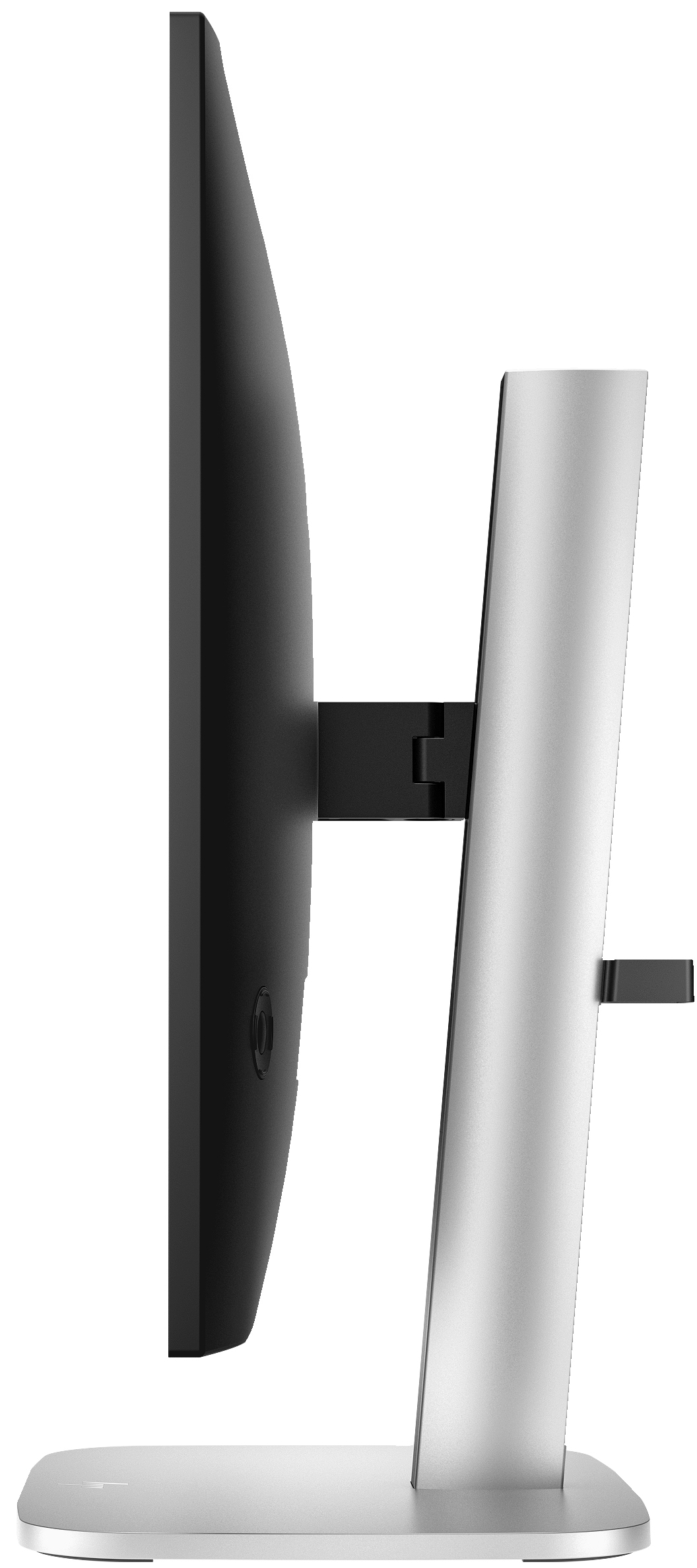 Widok z boku monitora komputera, srebrna podstawa, czarny ekran.