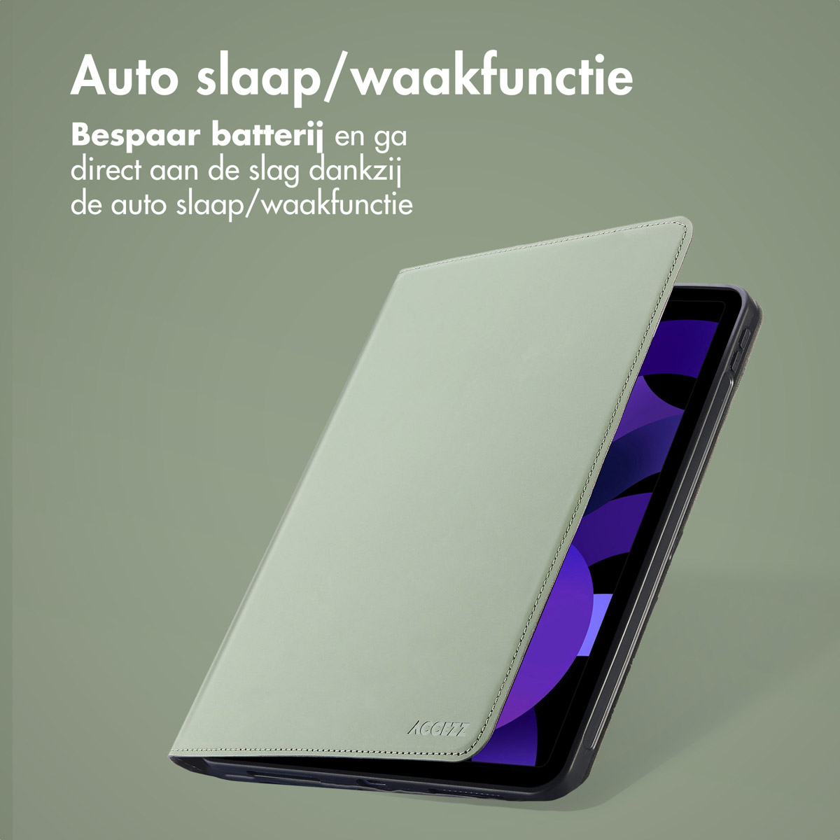 Een tablet met een beschermhoes op een groene achtergrond met tekst in het Nederlands.