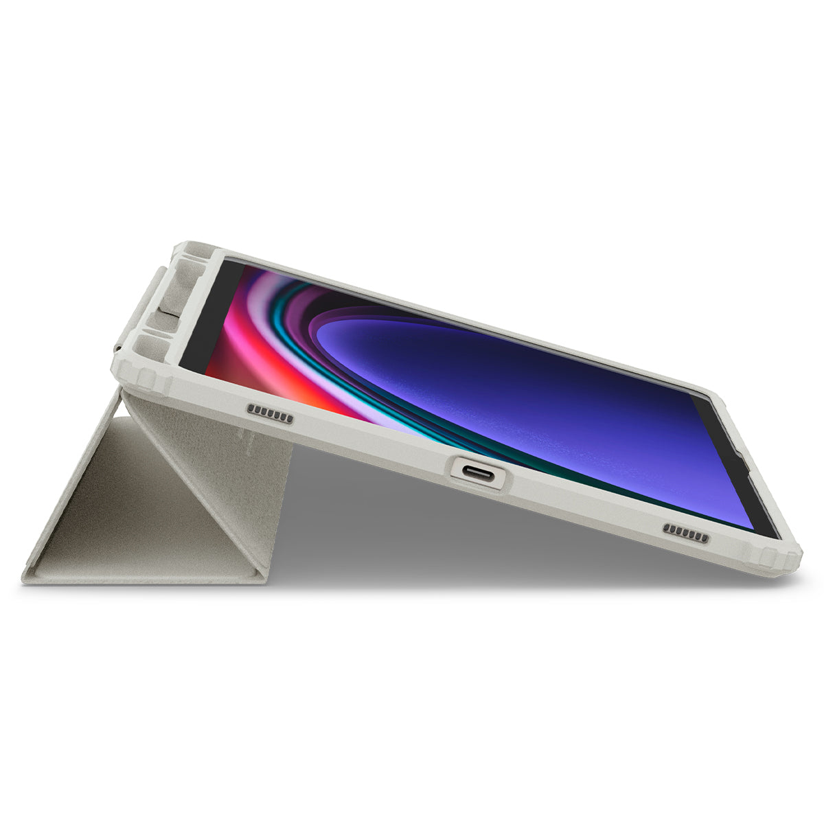Tablet in a white case, angled up, with a colorful display. White background.