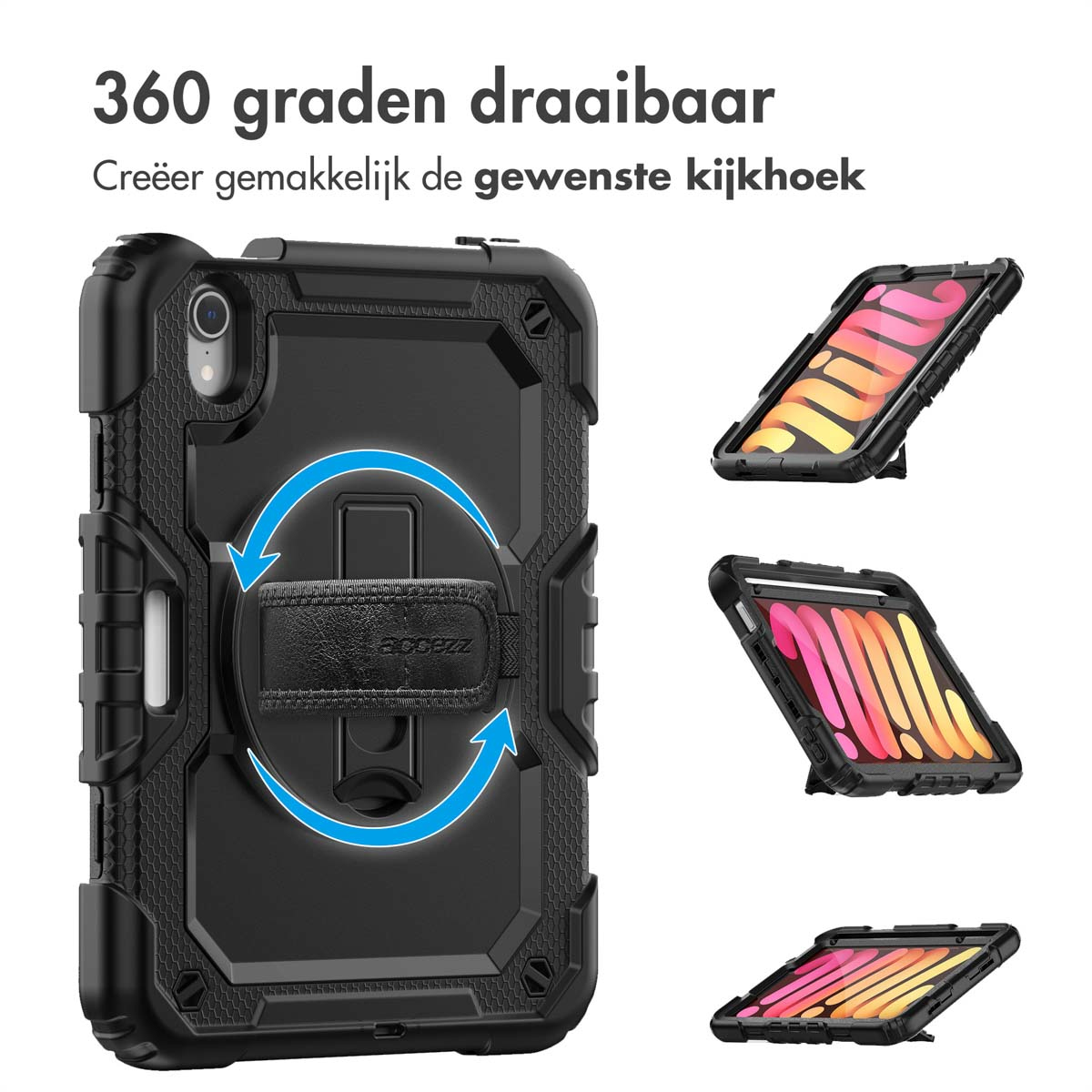 Black iPad case with a rotating hand strap, with three angled iPad displays.