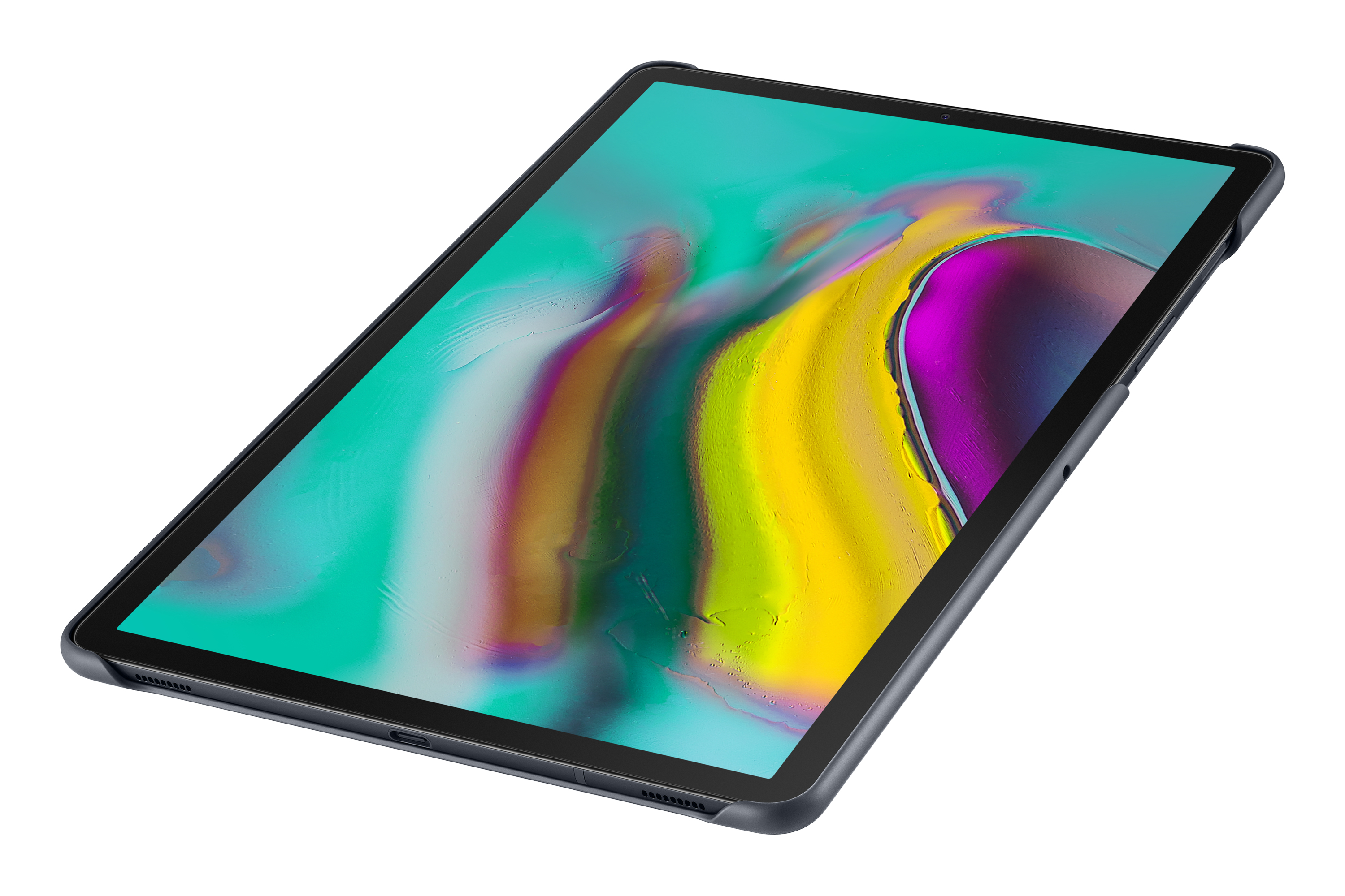 Schwarzes Tablet mit eingeschaltetem Bildschirm. Farbbildschirm, dunkles Gehäuse, weißer Hintergrund.