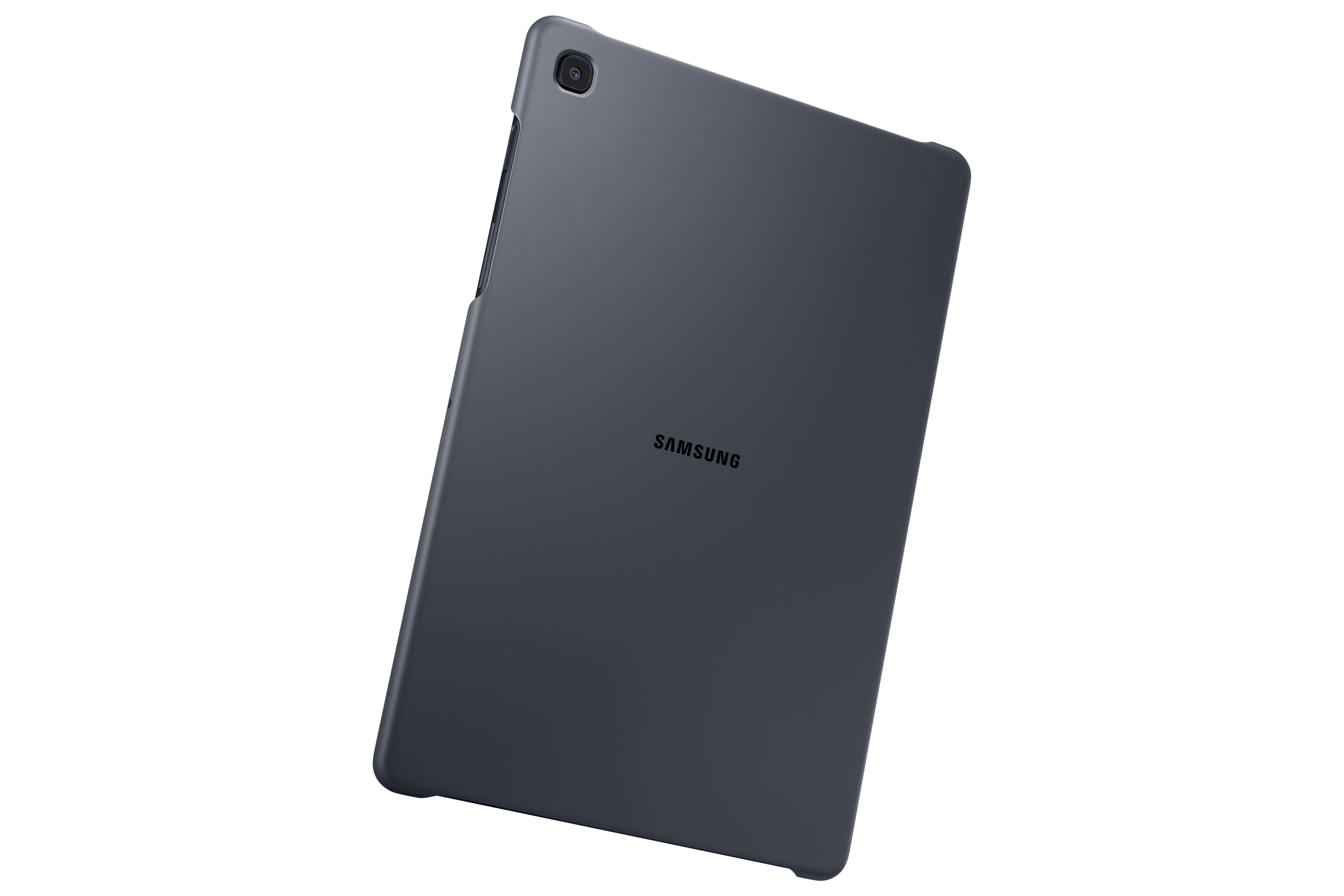 Dunkelgraues Tablet, abgewinkelt, mit Samsung-Logo. Die Rückseite des Geräts ist sichtbar.