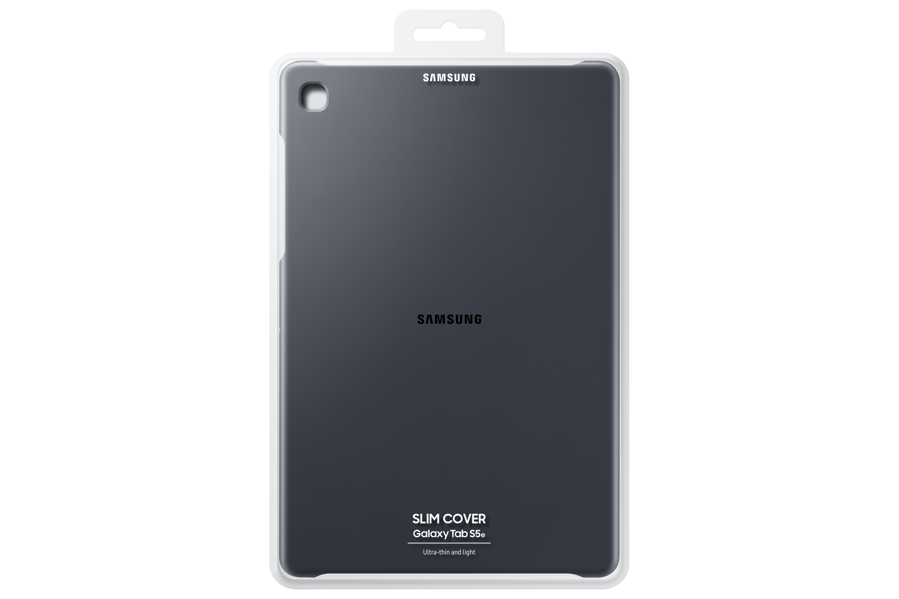 Dunkelgraues Tablet in klarer Kunststoffverpackung, Samsung-Logo. Weißer Hintergrund.