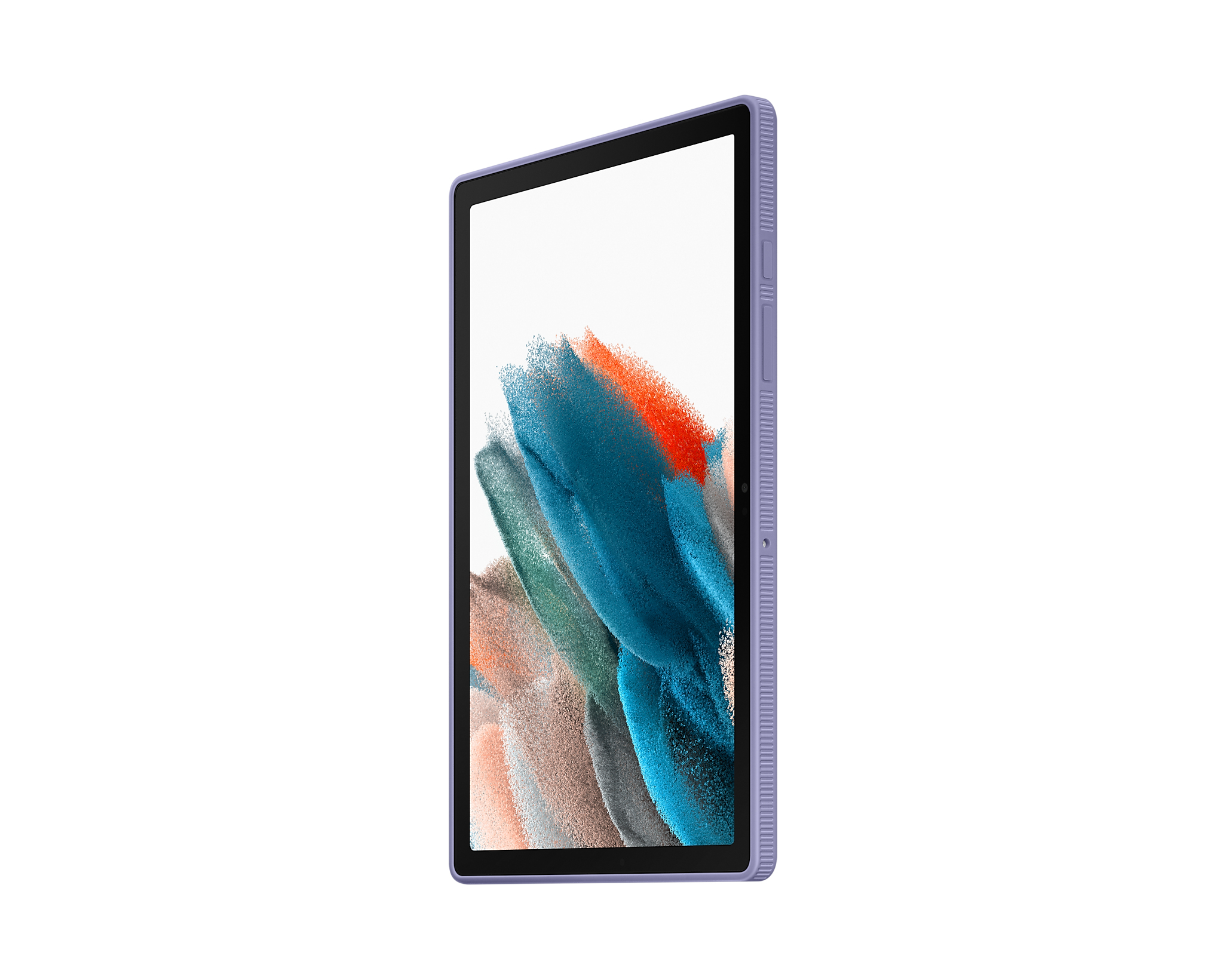 Una tableta morada con dorso texturizado sobre una superficie blanca. La pantalla muestra arte abstracto.
