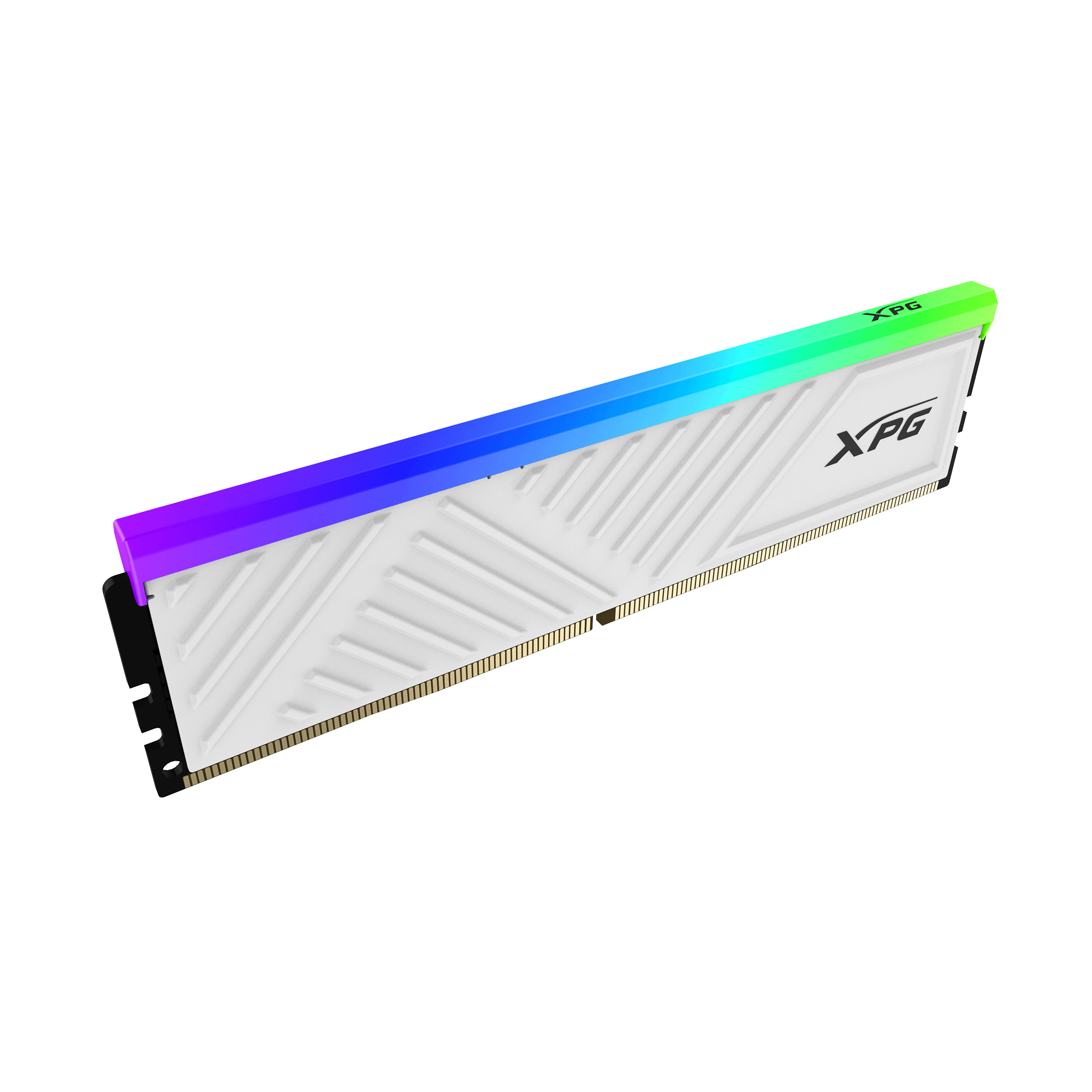 Moduł RAM XPG DDR5, biały z niebiesko-zielonym paskiem świetlnym RGB, odizolowany.