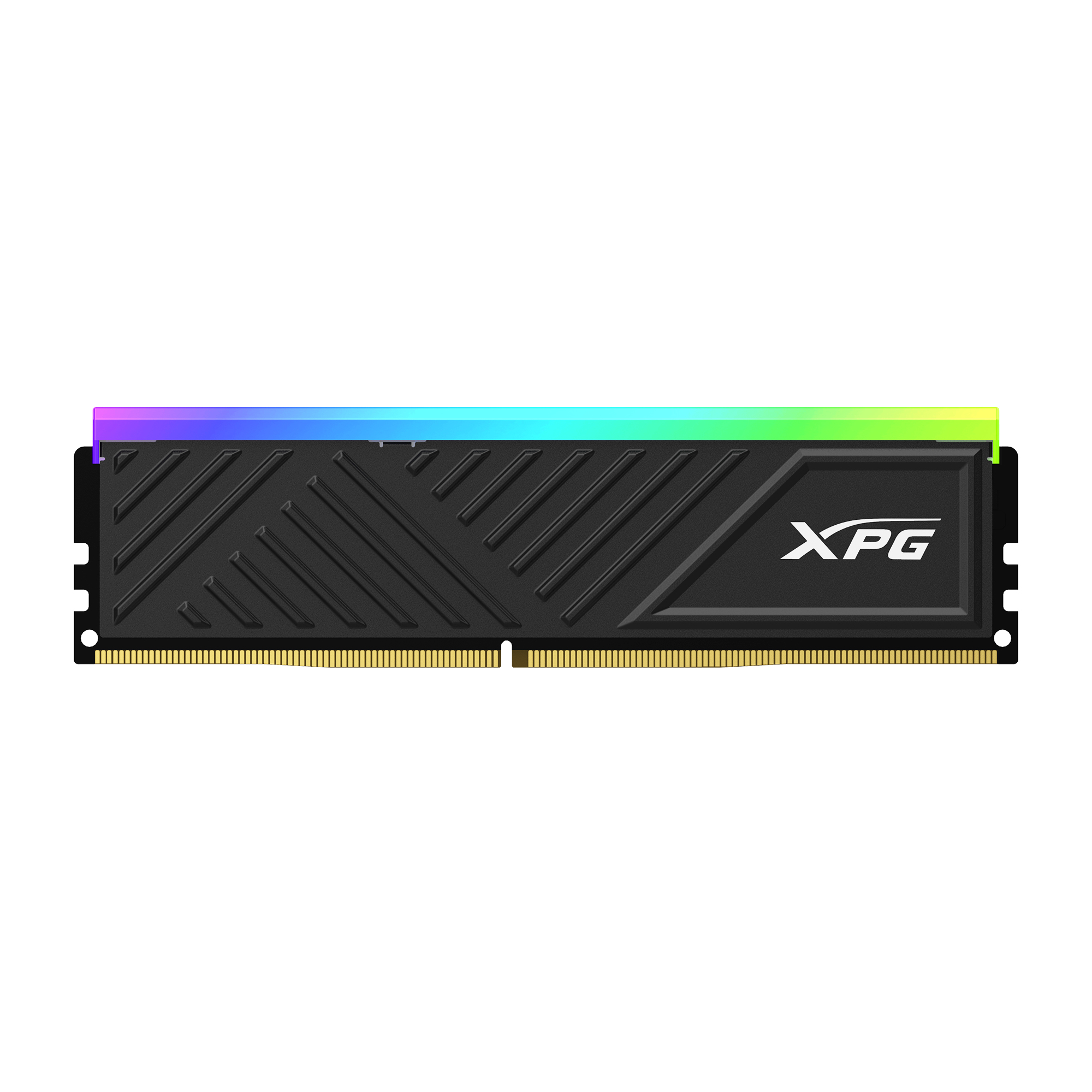 Moduł RAM XPG DDR5, czarny z paskiem LED RGB, na białym tle.