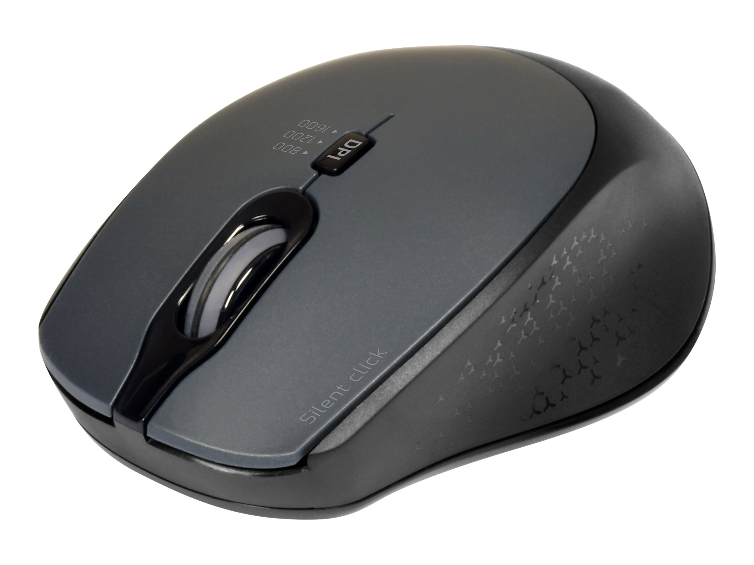 Mouse grigio e nero con impostazioni DPI, isolato su sfondo bianco.
