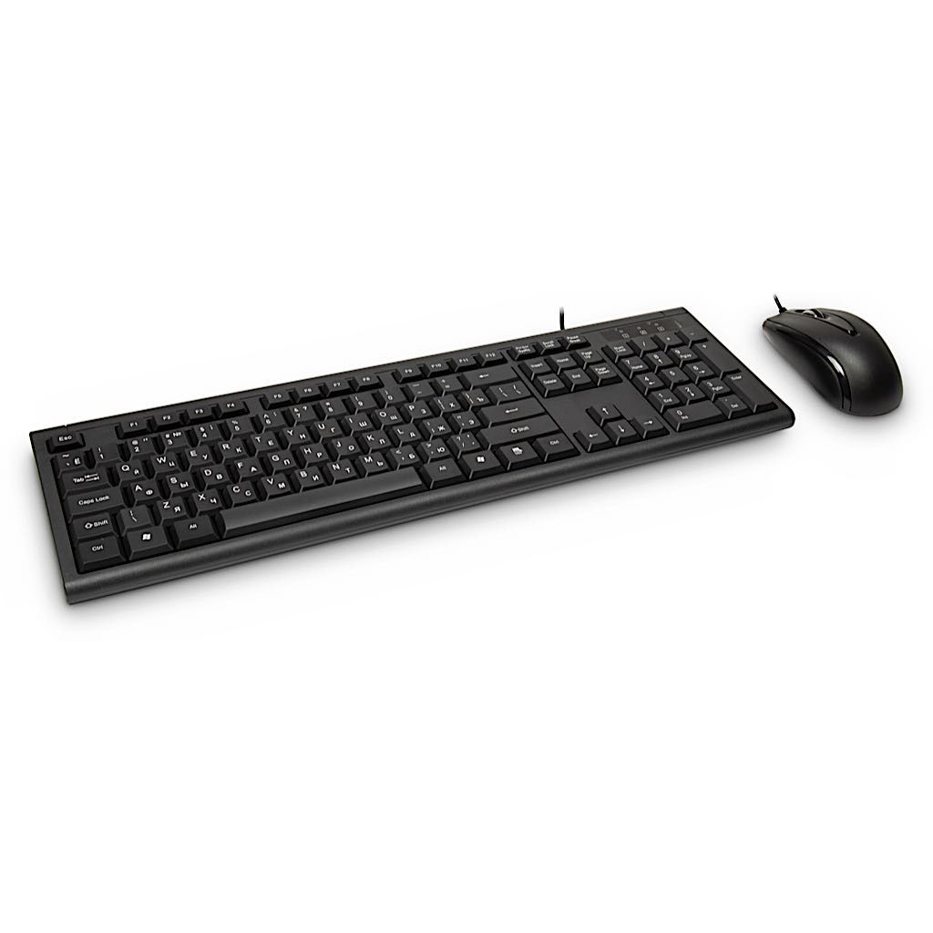 Tastiera e mouse neri su sfondo bianco. Il design è semplice e funzionale.