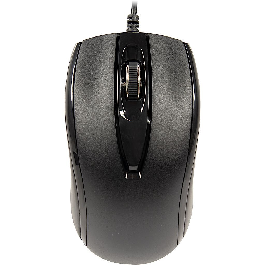 Mouse per computer nero con rotella di scorrimento e design ergonomico.