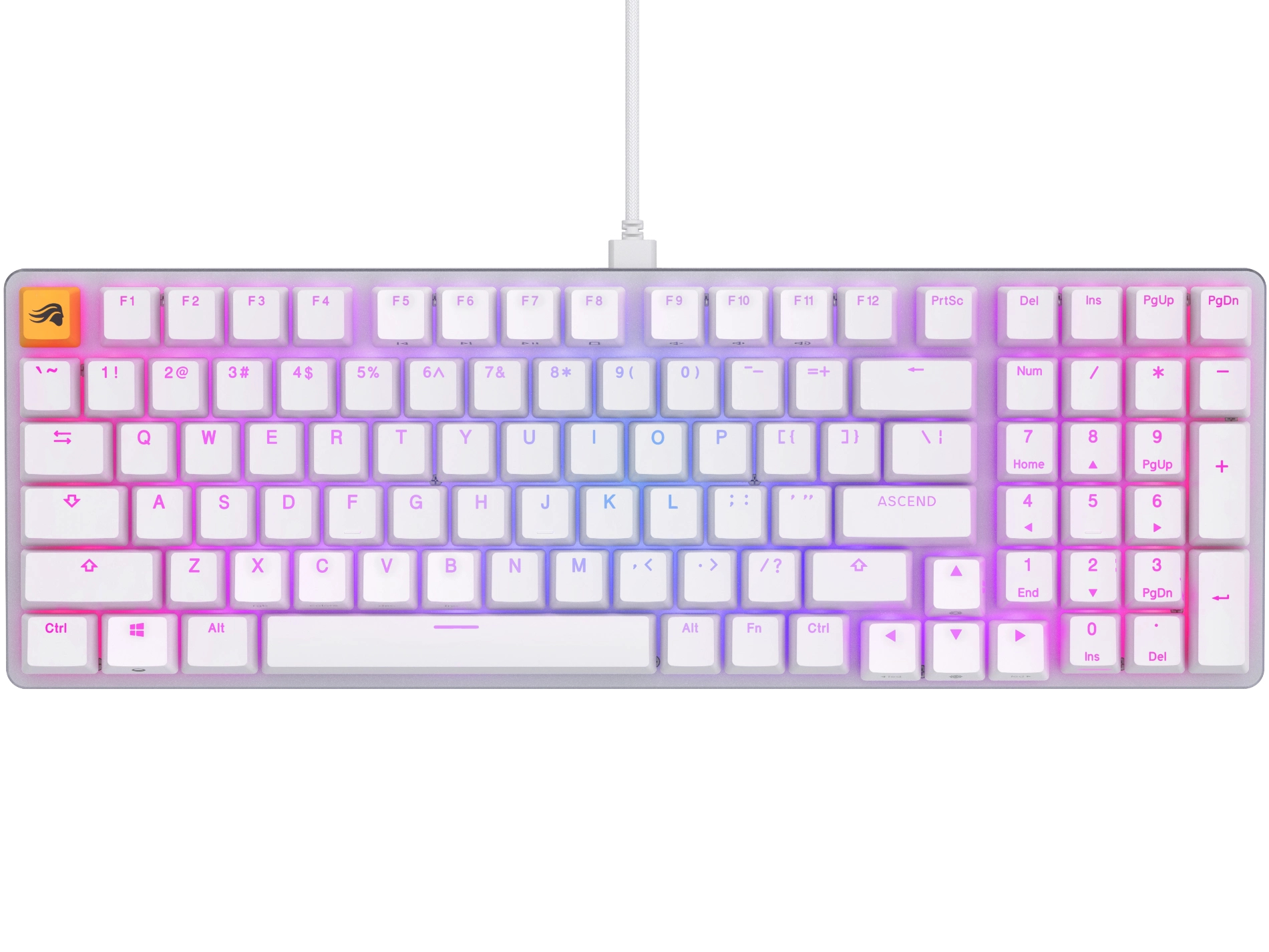 Tastiera bianca con tasti multicolore, esc arancione e cavo.