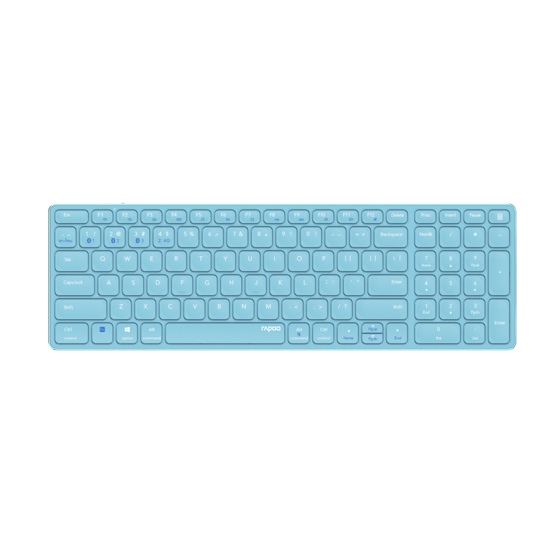 Una tastiera azzurra con tasti bianchi, logo Rapoo.