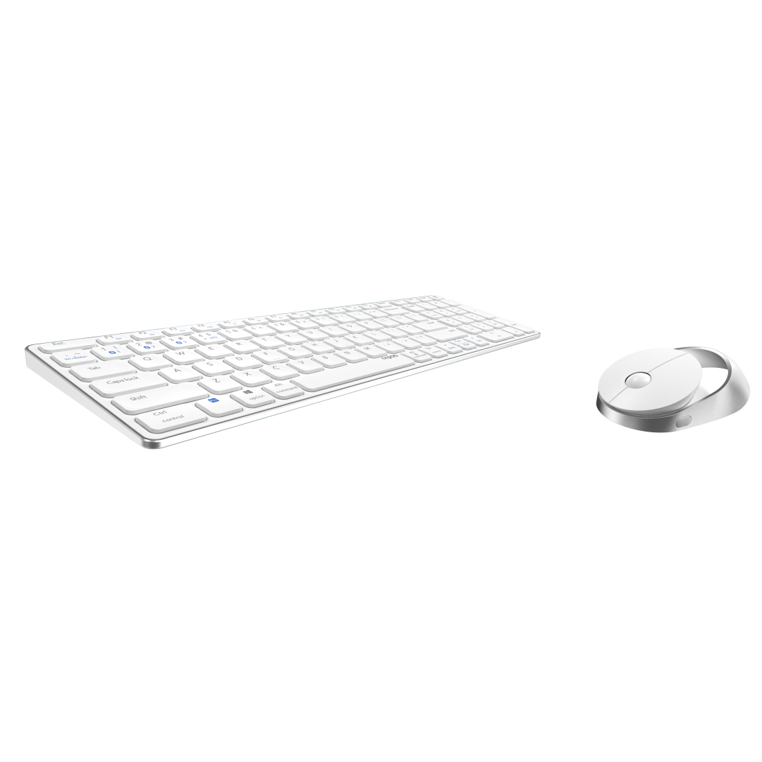 Set tastiera e mouse wireless bianchi. La tastiera ha tasti bianchi, il mouse è circolare.