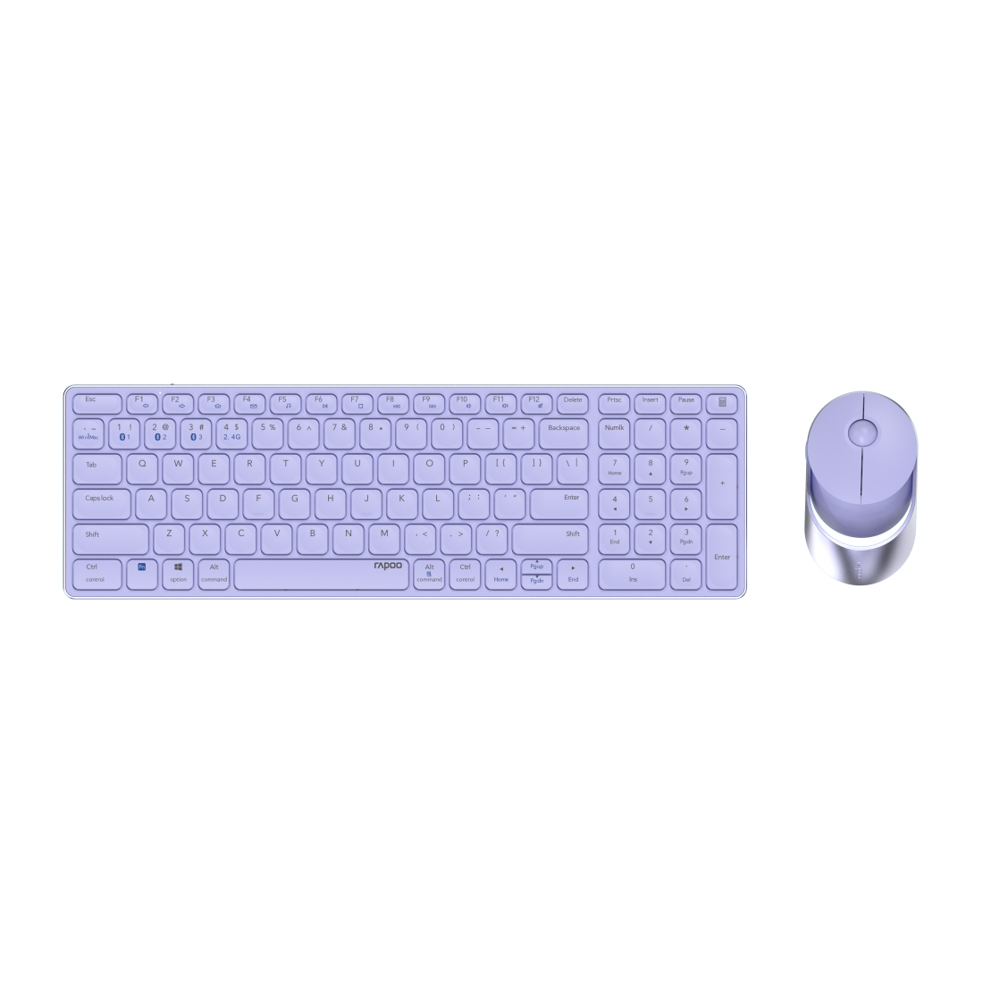 Una tastiera e un mouse viola su sfondo bianco.
