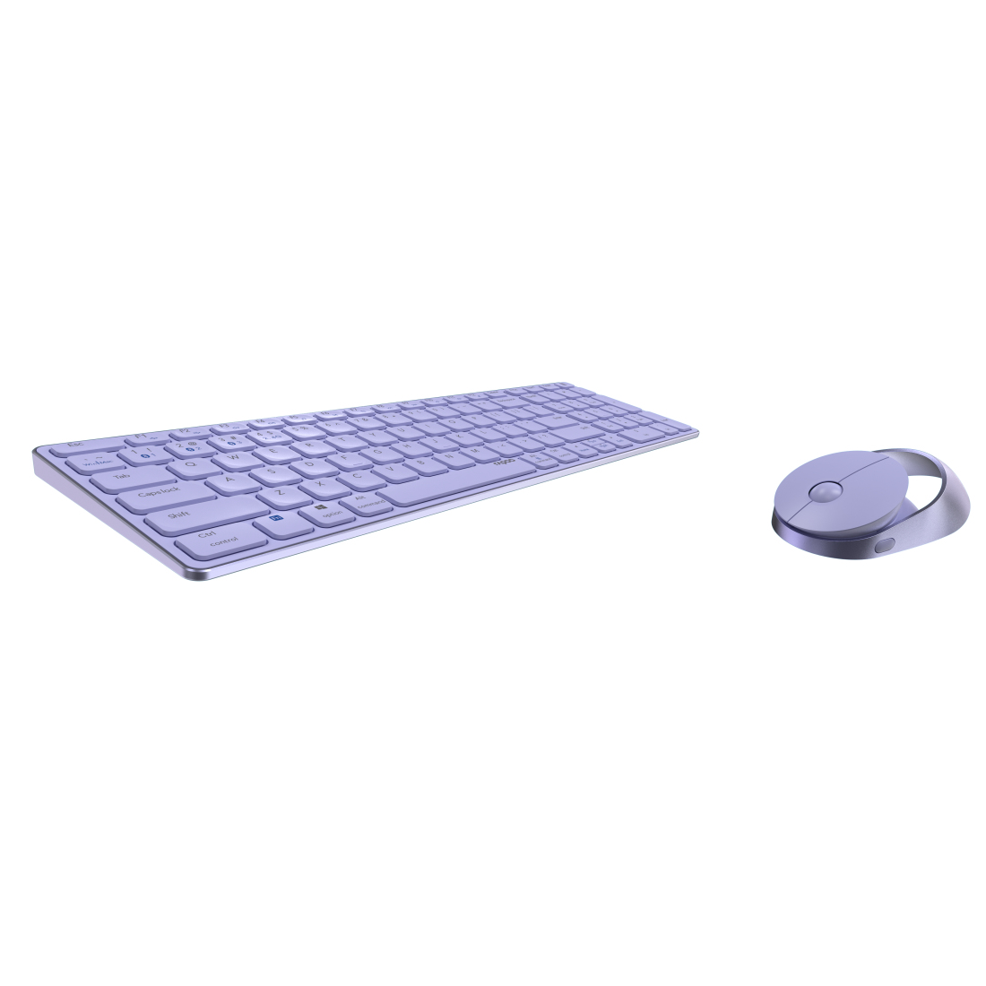 Un set di tastiera e mouse viola su sfondo bianco.