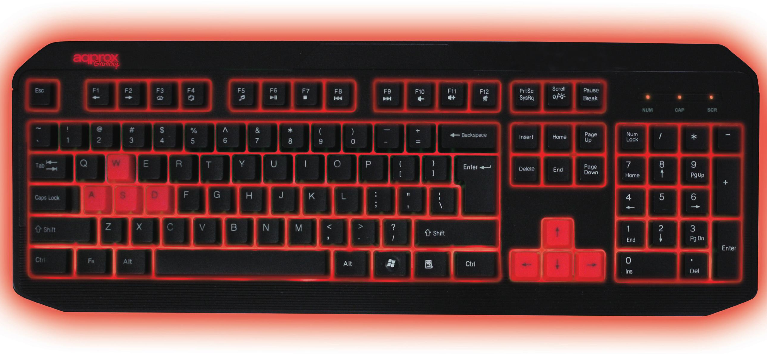 Czarna klawiatura z czerwonym podświetleniem i klawiszami.