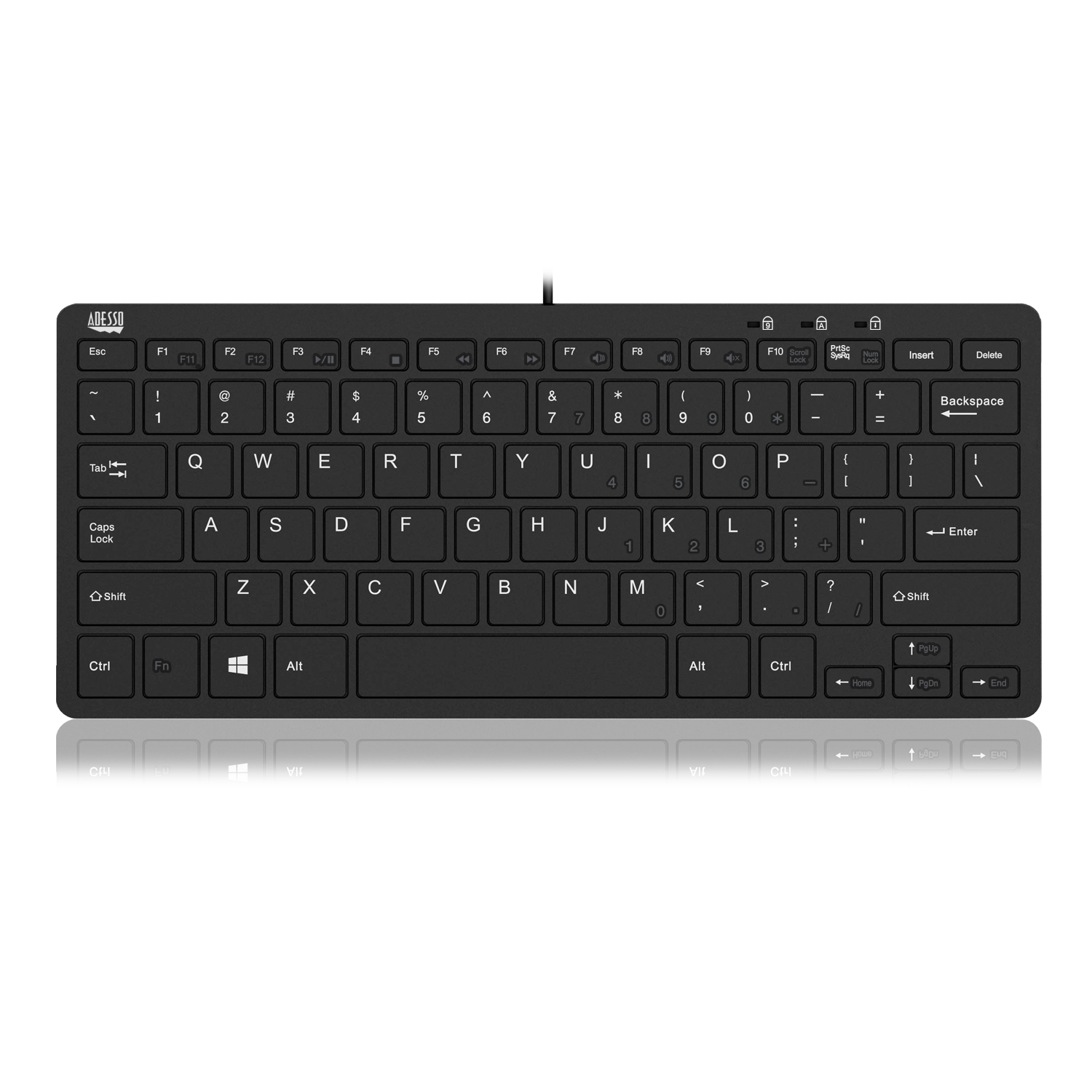 Black keyboard with a compact layout. Includes letters, numbers, and special keys. White background.