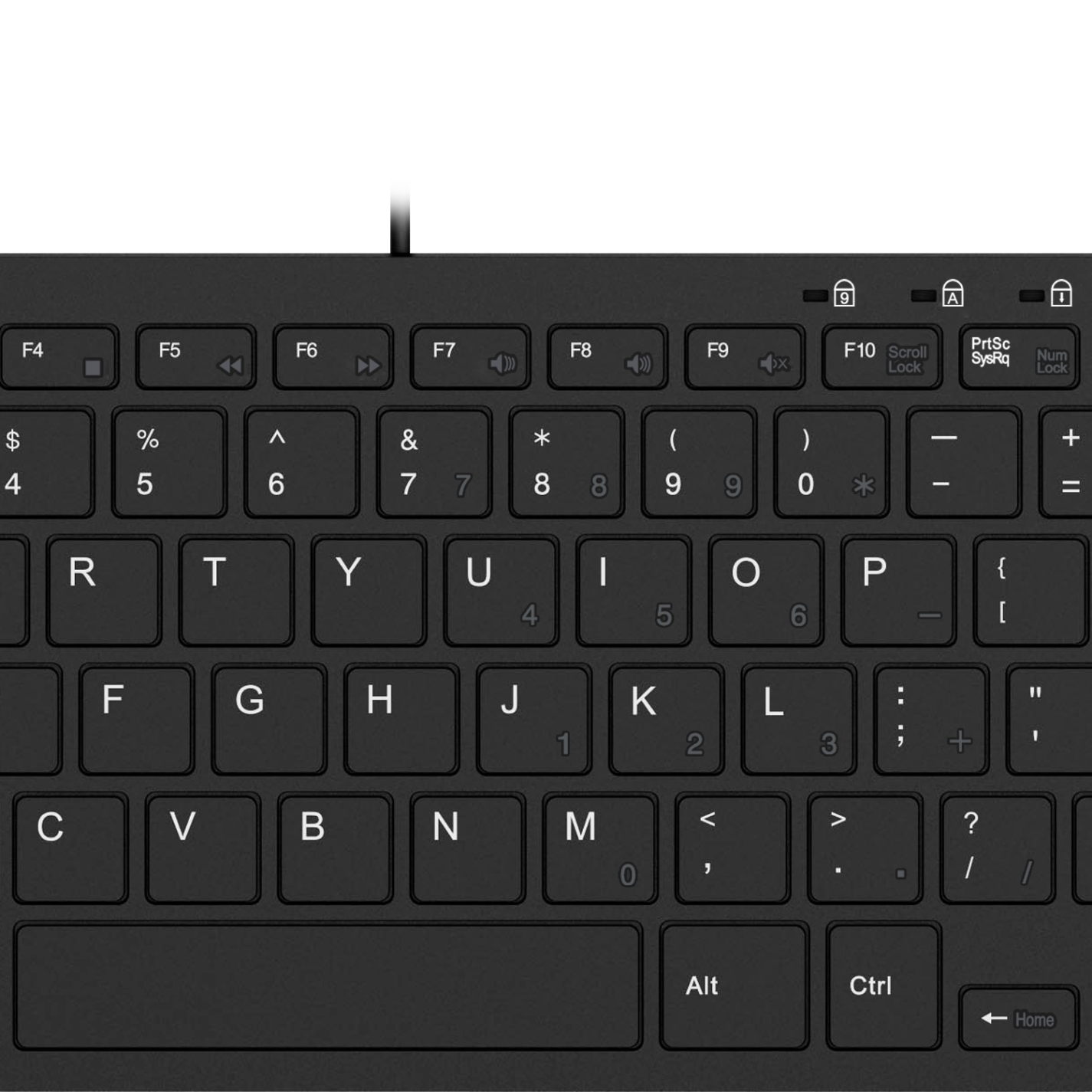 A close-up of a black keyboard with white keys.