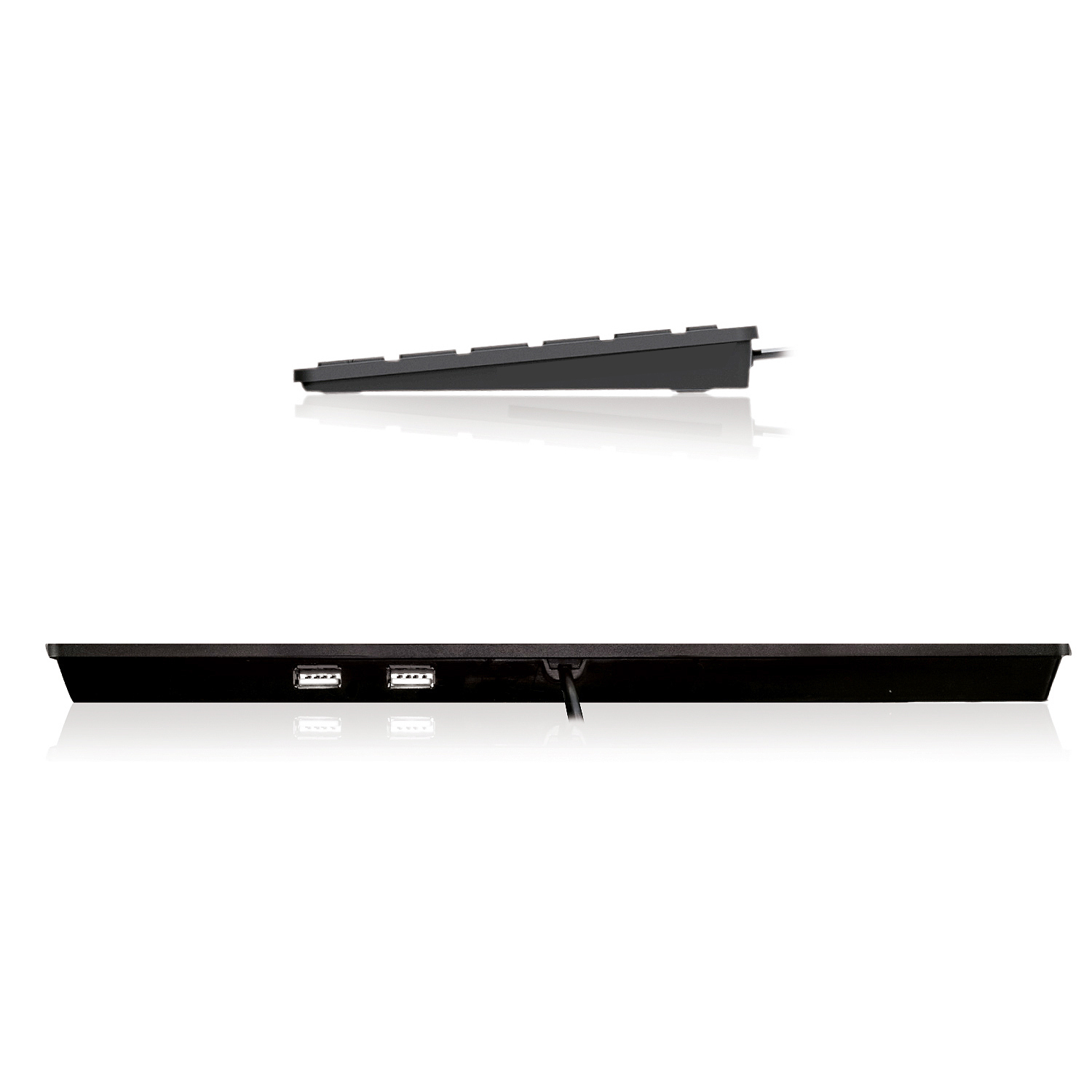 Two black keyboards stacked, one on top of the other, with USB ports visible.