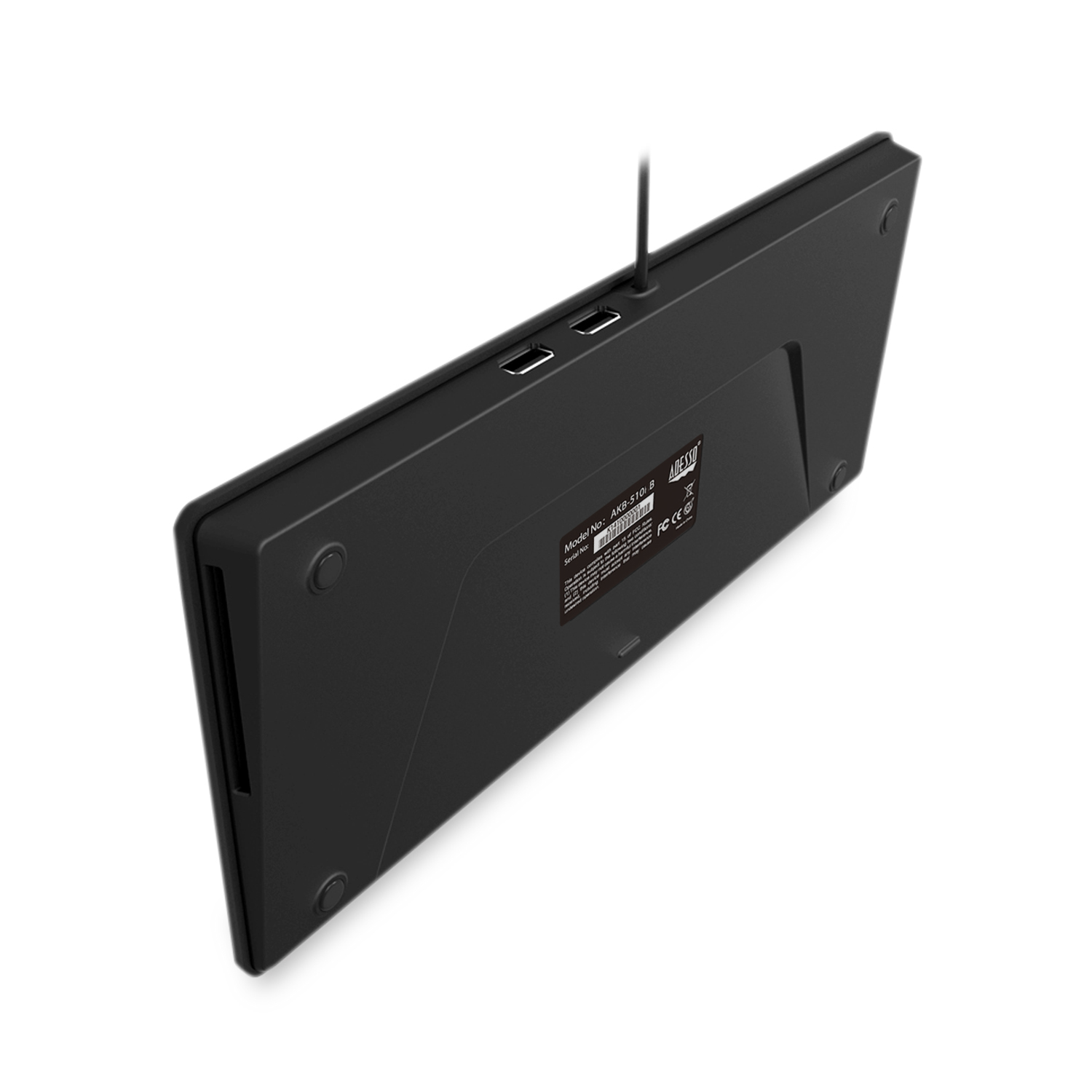 Black keyboard, bottom view. Shows ports and model info.