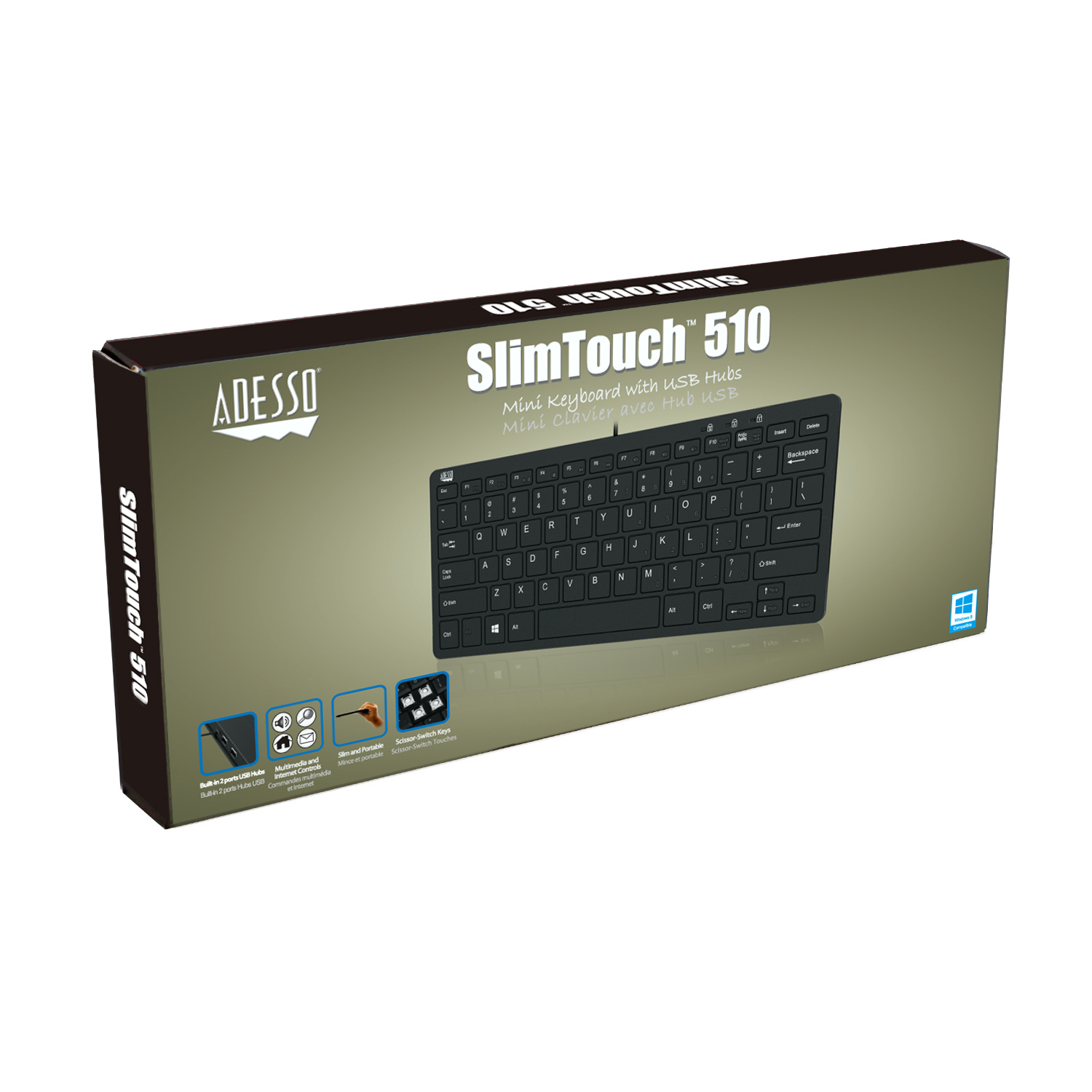 Keyboard box with black and white design, product name on it.