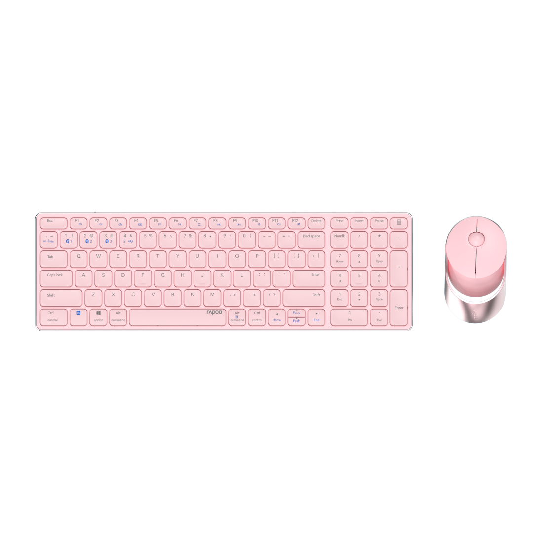 Tastiera e mouse rosa. La tastiera è compatta. Sfondo bianco. Entrambi sono wireless.