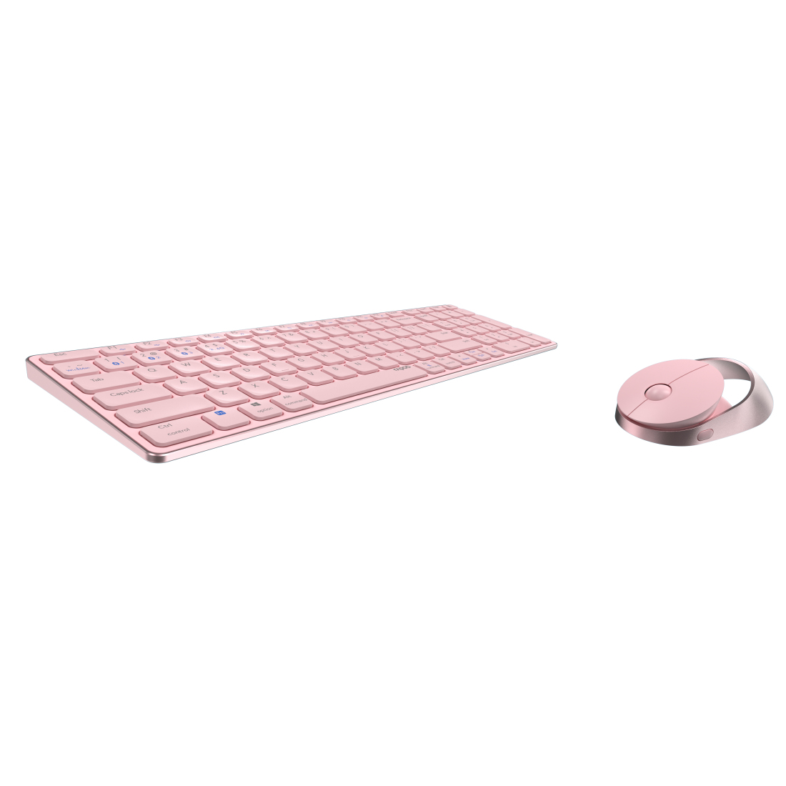 Set tastiera e mouse rosa. La tastiera ha tasti rosa, il mouse è circolare.
