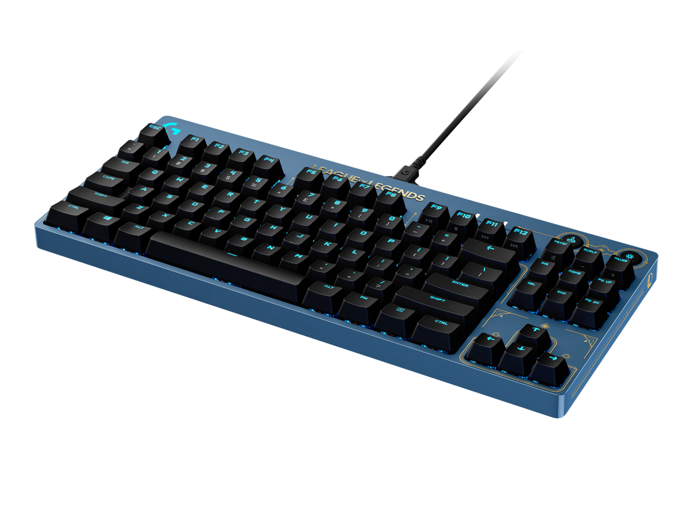 Blaue Tastatur mit schwarzen Tasten. League of Legends Text oben.