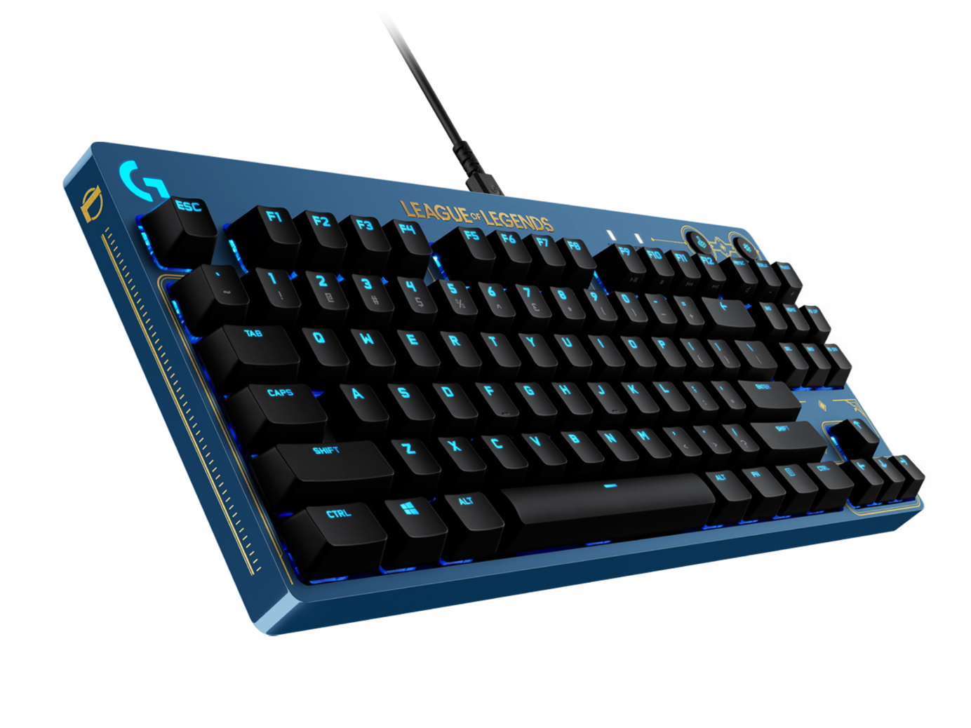 Eine blaue League of Legends-Tastatur mit schwarzen Tasten und schwarzem Kabel.