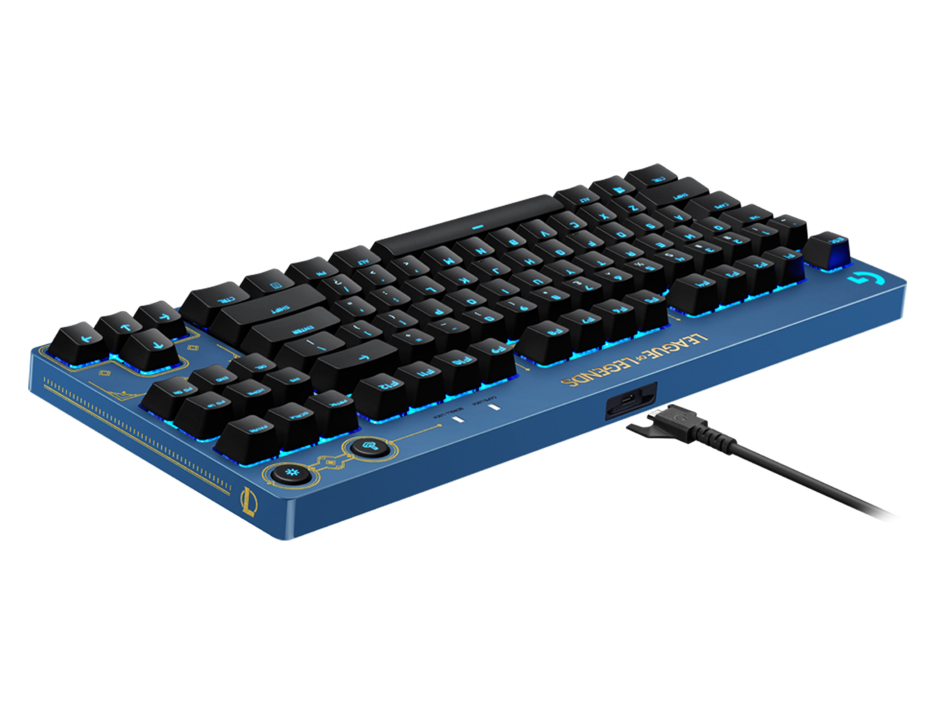 Blaue League of Legends-Tastatur mit schwarzen Tasten, blauer Beleuchtung und Kabel.