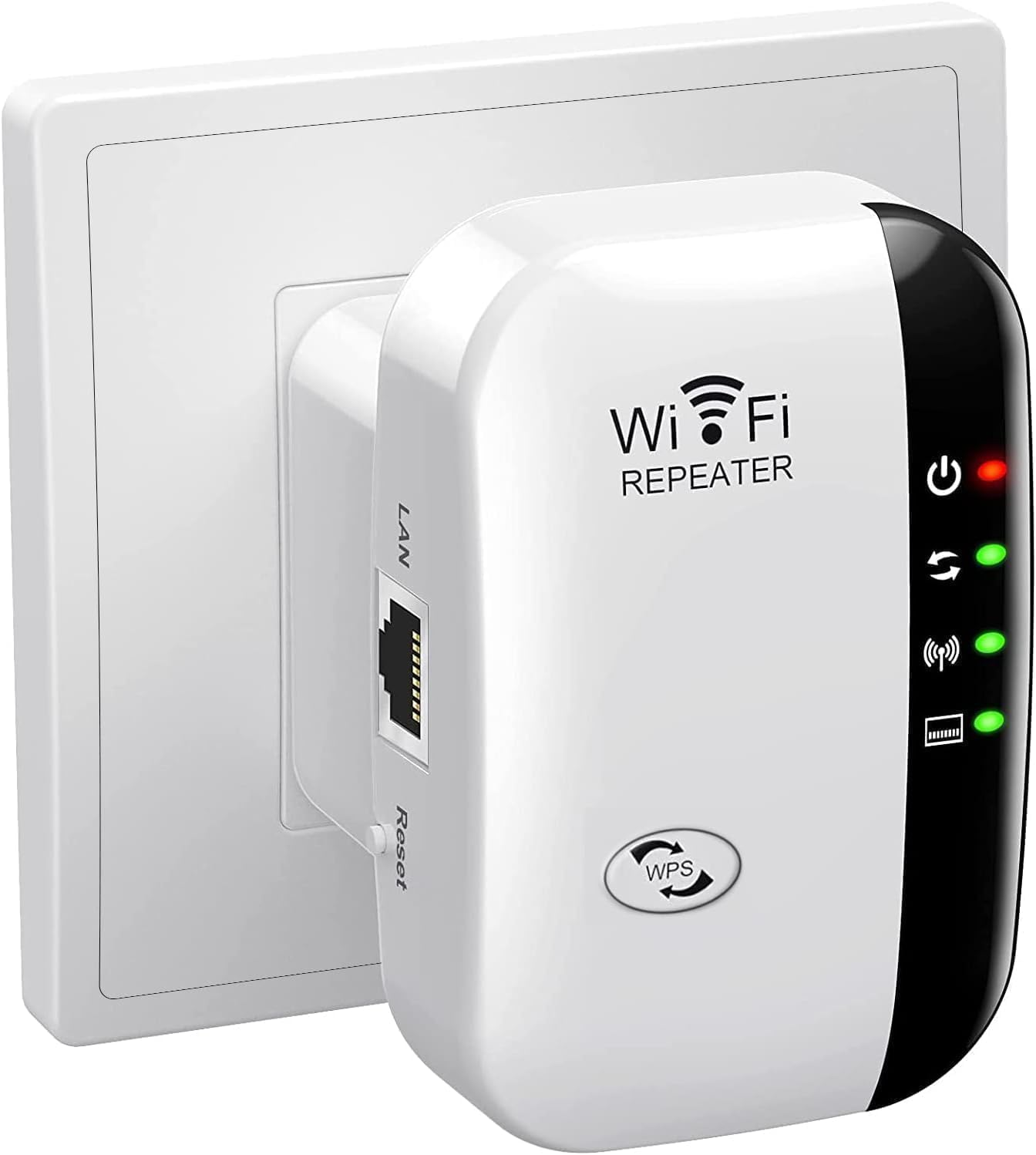 Weißer WLAN-Repeater, der in eine Steckdose gesteckt ist. Hat einen LAN-Anschluss.