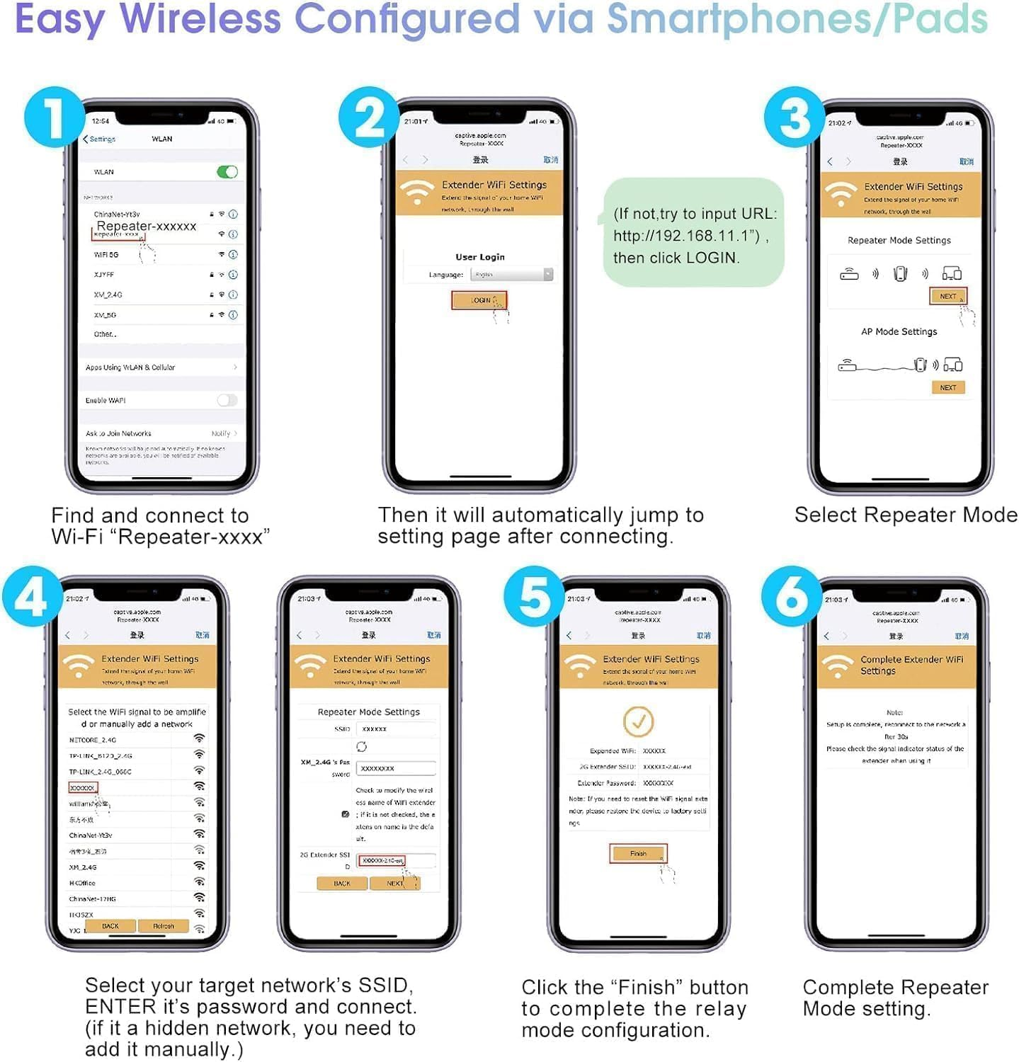Smartphone-Bildschirme zeigen Schritte zur Einrichtung eines WLAN-Repeaters.