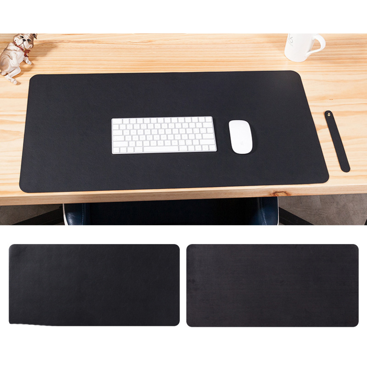 Un tappetino nero con tastiera e mouse su un tavolo di legno, e due tappetini extra.