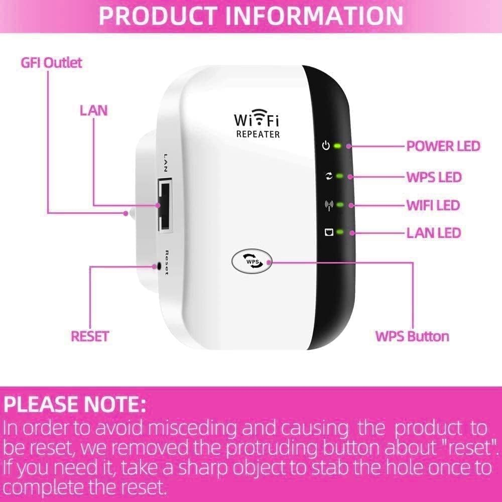 Weißer Wi-Fi-Repeater mit Etiketten für Anschlüsse und LEDs. Der Text erklärt die Entfernung der Reset-Taste.