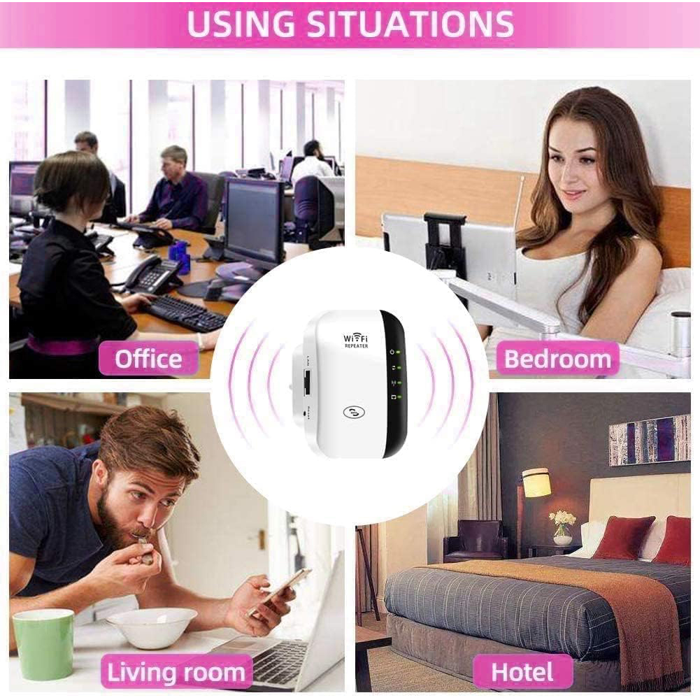WLAN-Verstärker in verschiedenen Nutzungsszenarien: Büro, Schlafzimmer, Wohnzimmer und Hotel.