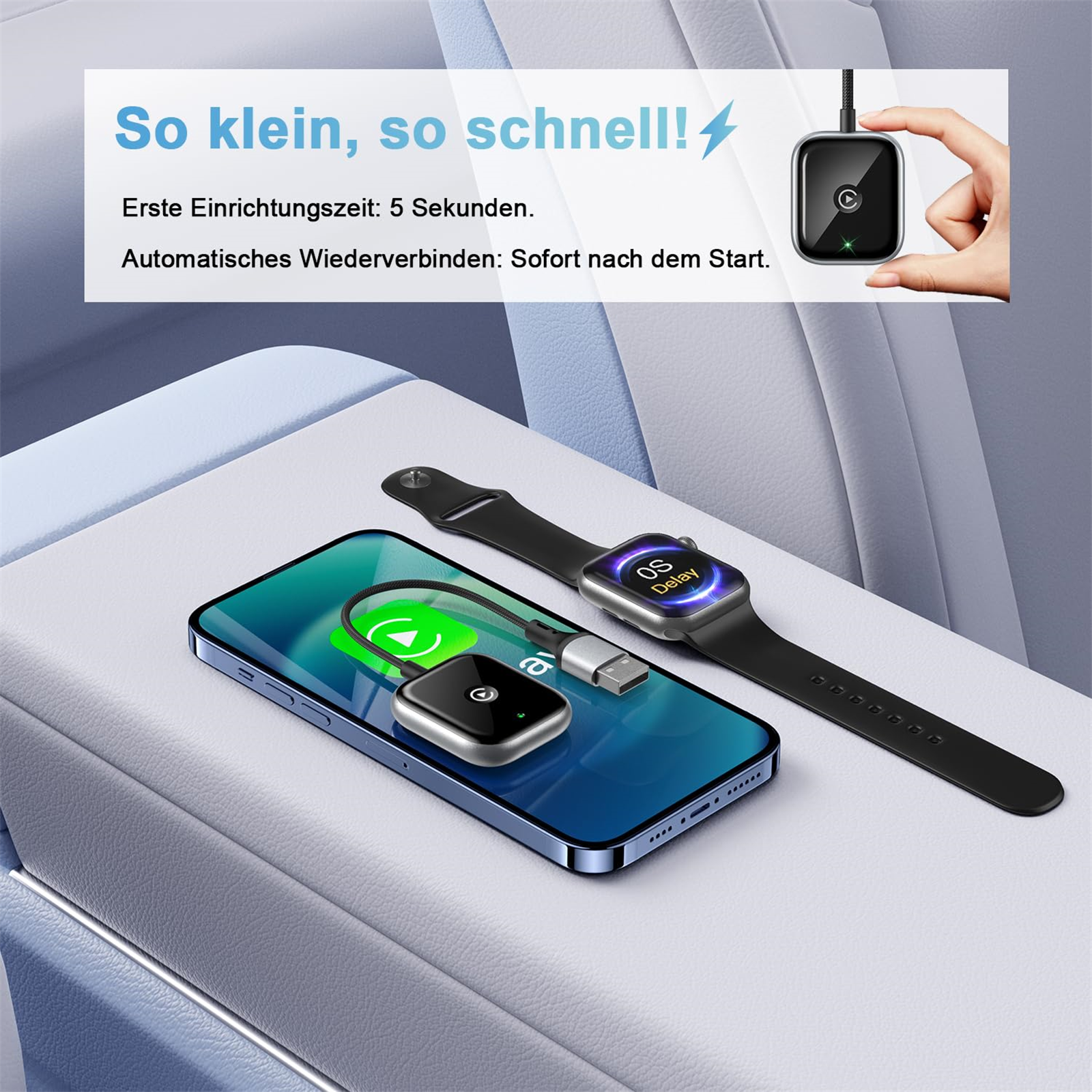 Ein Telefon, eine Uhr und ein Ladegerät auf einem Autositz. Textüberlagerungen.