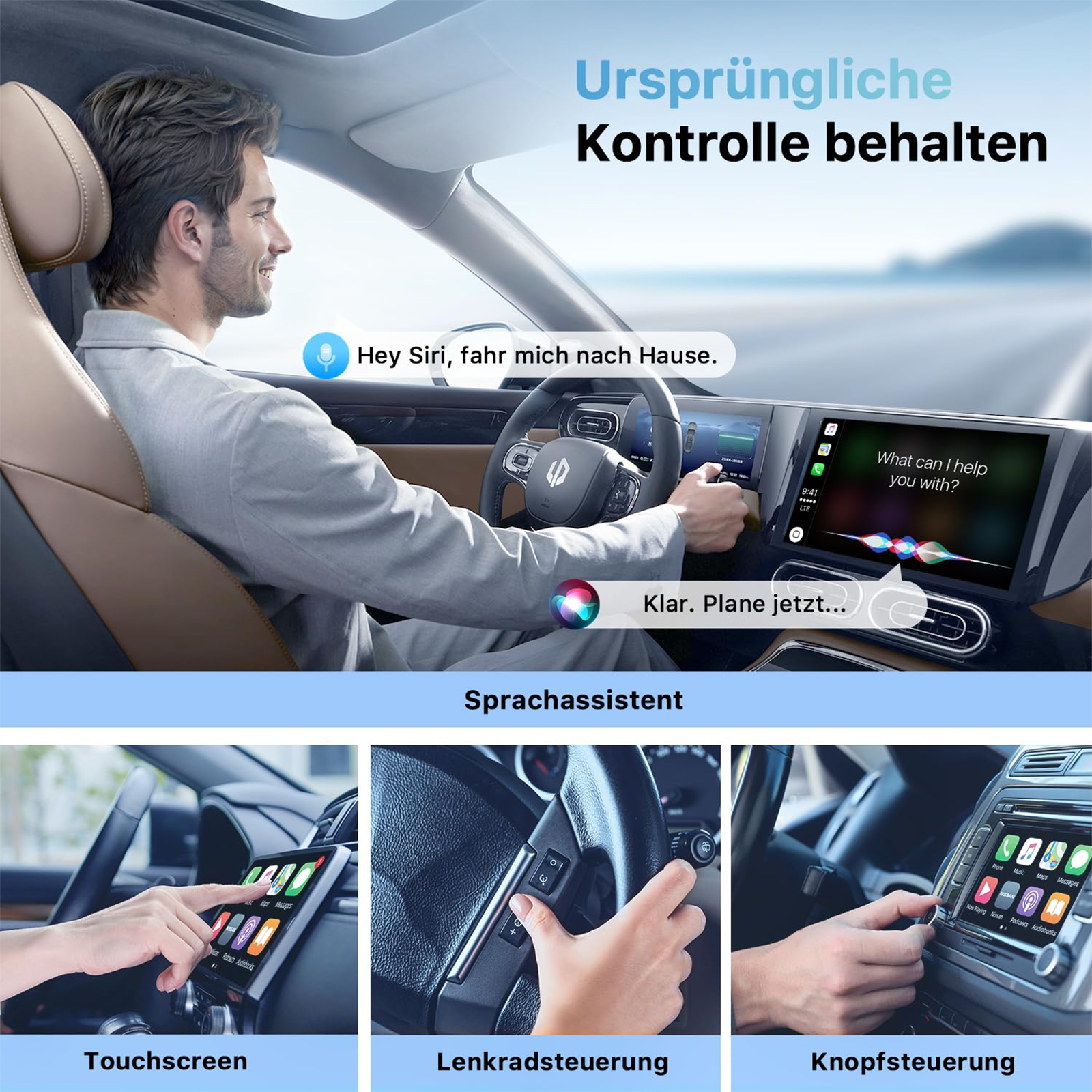Ein Mann im Auto nutzt Sprachsteuerung. Das Bild zeigt Touchscreen, Lenkrad und Tastensteuerung.