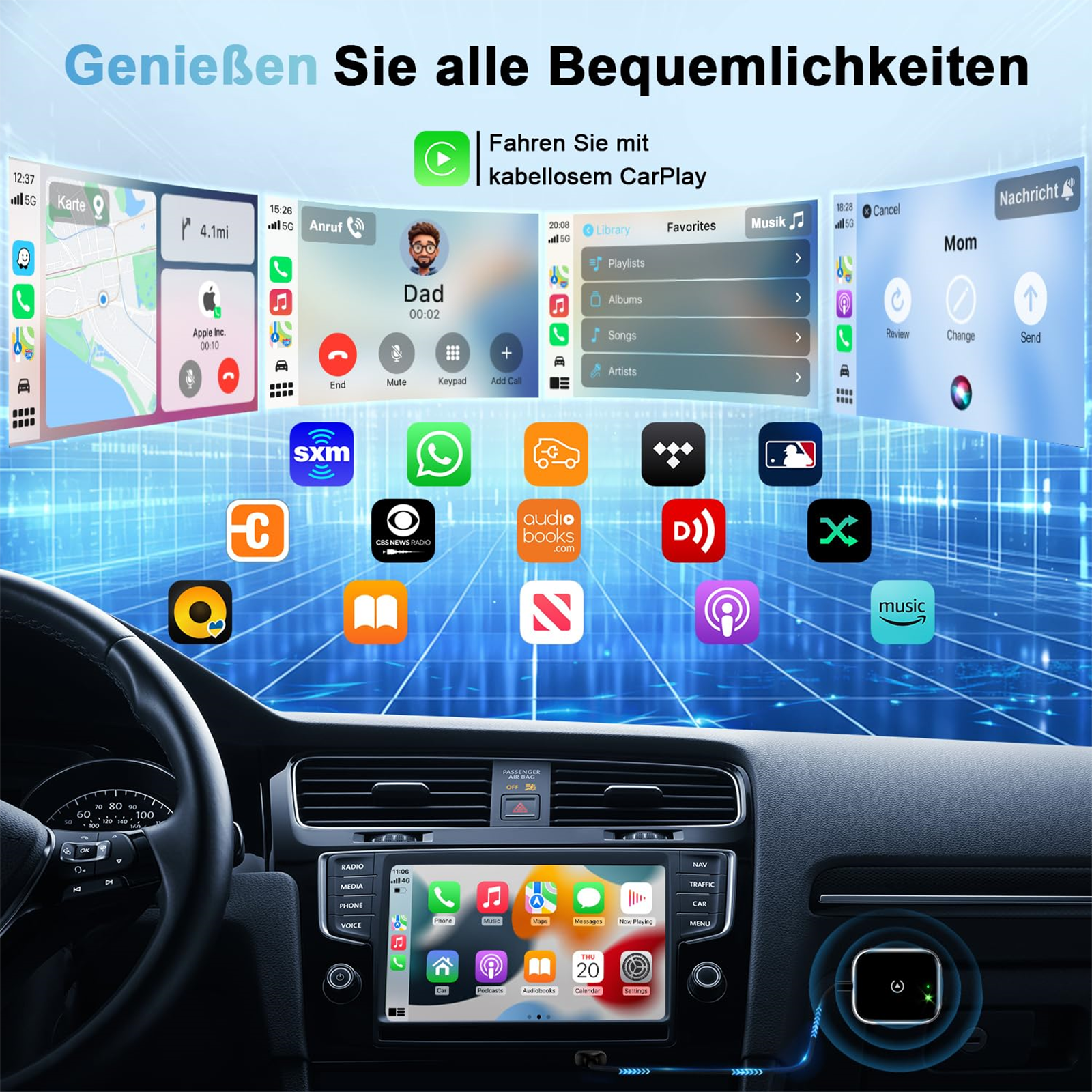 Armaturenbrett eines Autos mit verschiedenen Apps wie Musik, Navigation und Anrufen, mit deutschem Text.