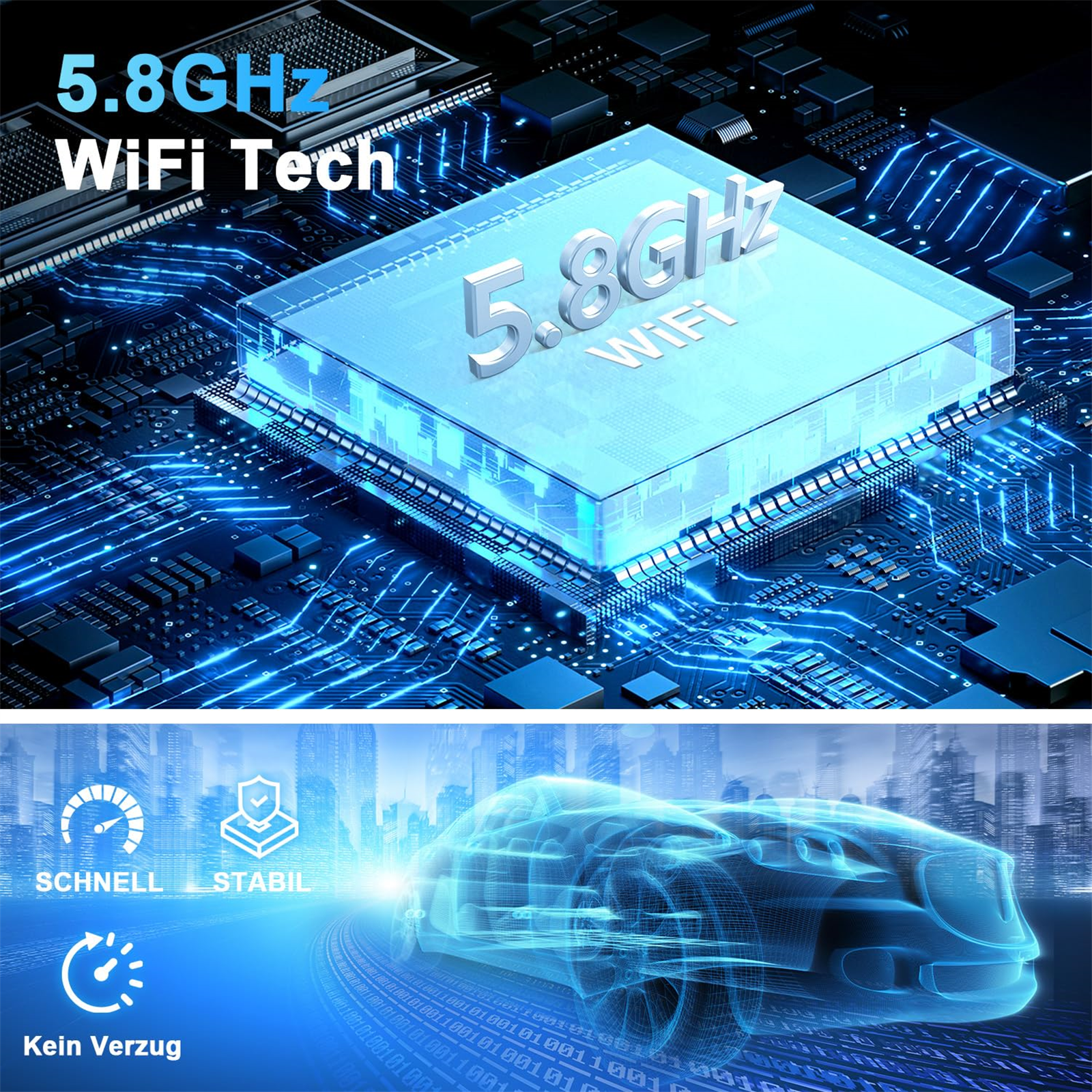 Blaues digitales Bild mit dem Text '5.8GHz WIFI Tech'. Zeigt eine Leiterplatte und ein Auto.